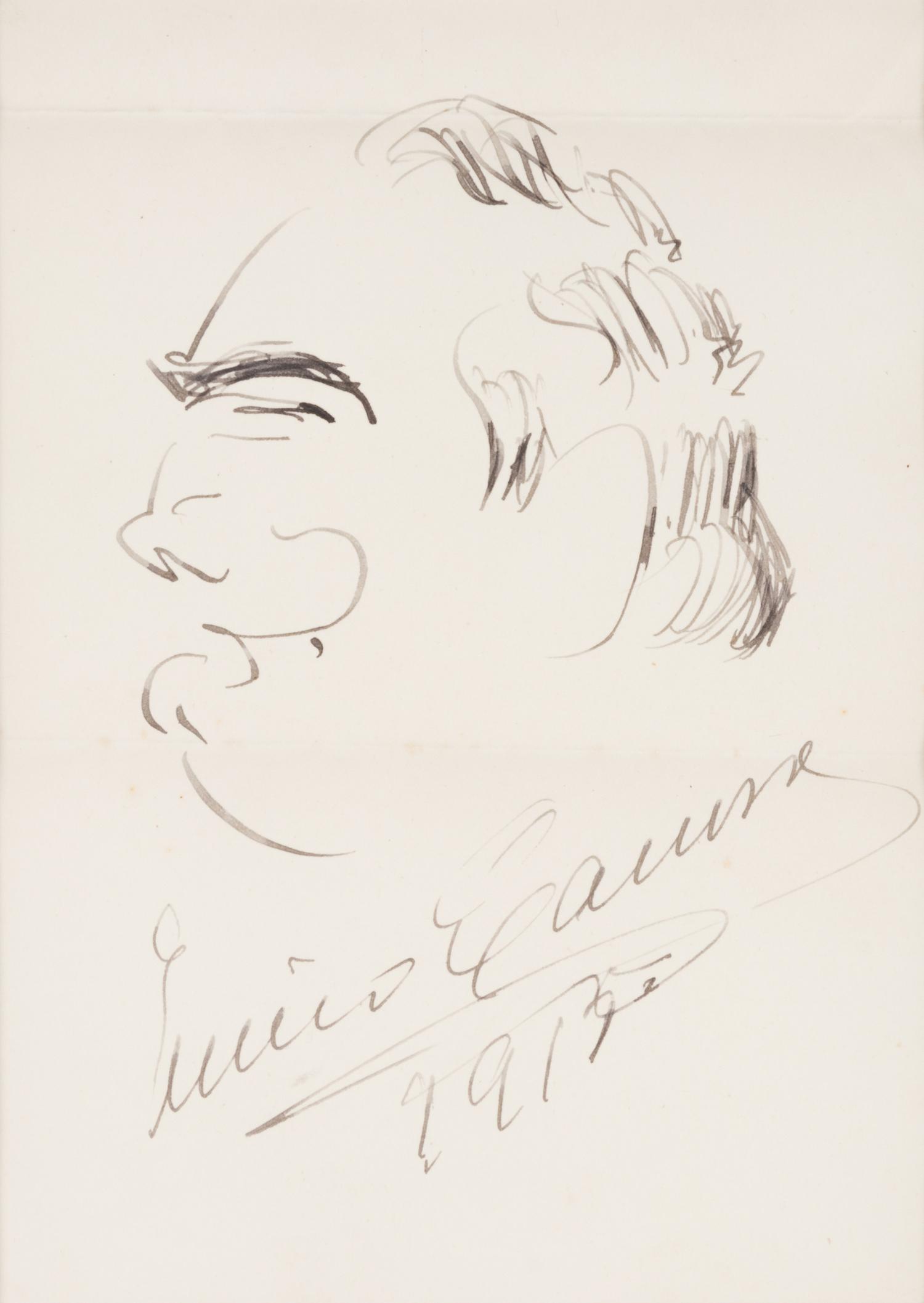 CARUSO, Enrico (1873-1921). Original drawing, profile self portrait caricature, in pen and ink, signed and dated lower margin ("Enrico Caruso 1913").