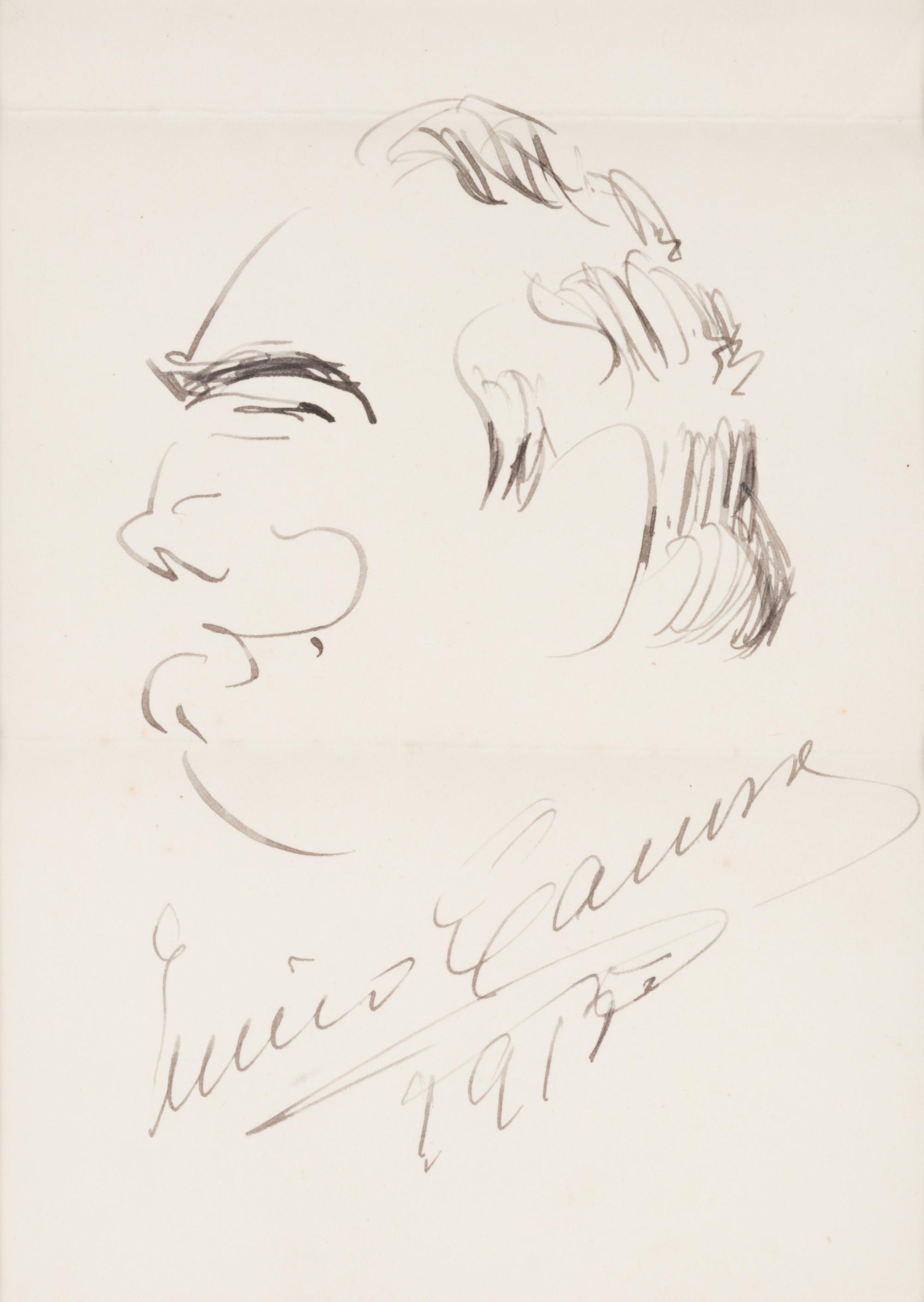 CARUSO, Enrico (1873-1921). Original drawing, profile self portrait caricature, in pen and ink, signed and dated lower margin ("Enrico Caruso 1913").