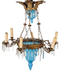 A Gilt Metal Mounted Opaline Glass Six-Light Chandelier