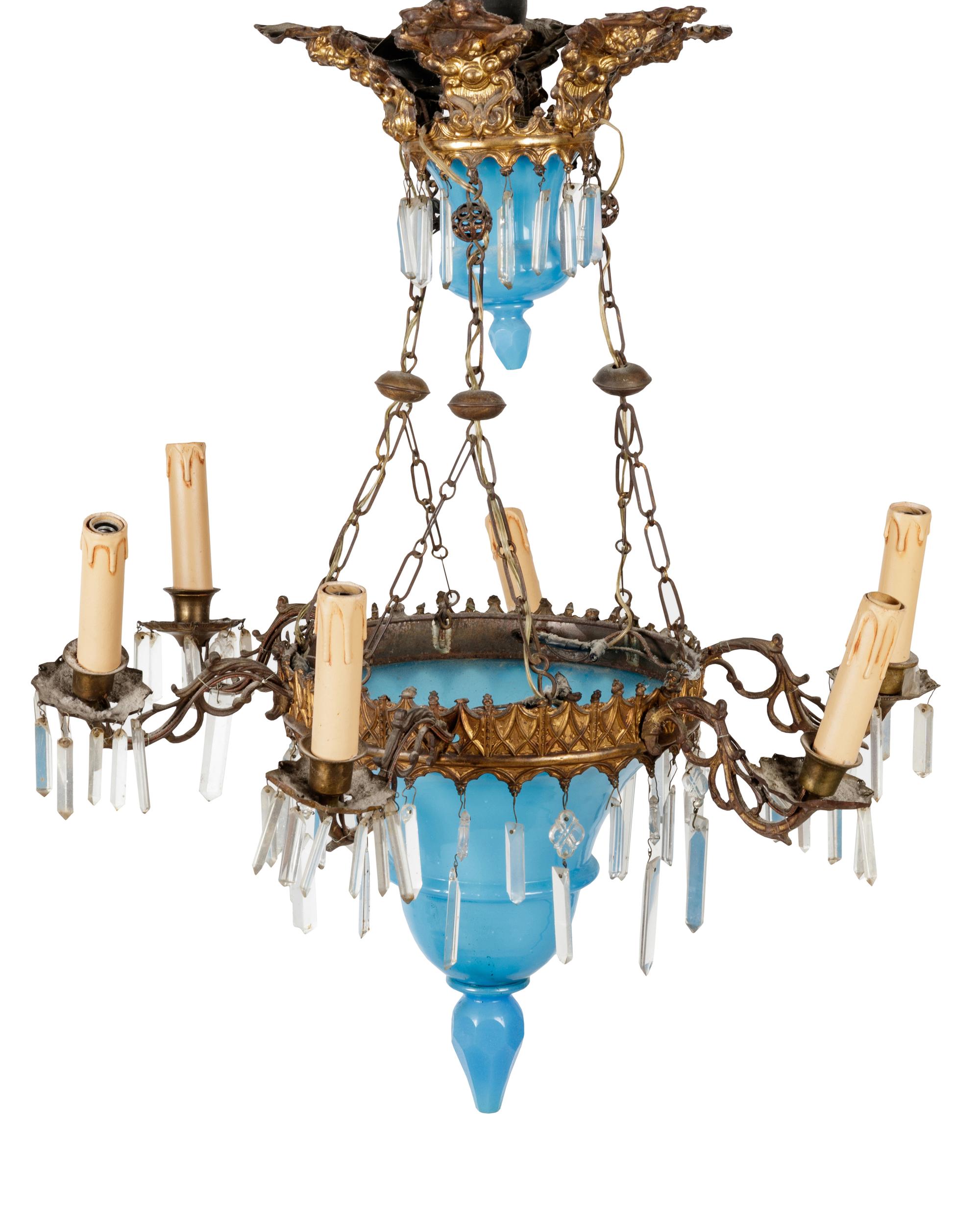 A Gilt Metal Mounted Opaline Glass Six-Light Chandelier