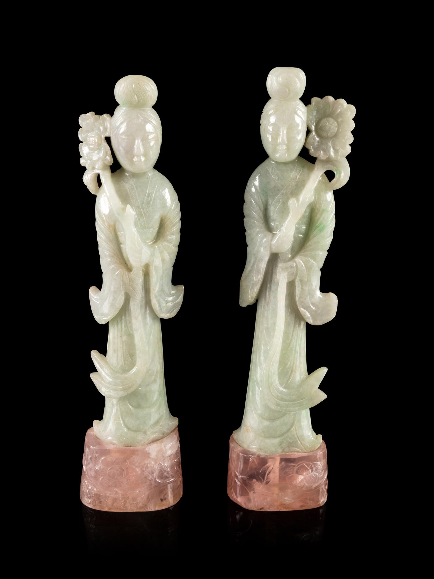 A Pair of Pale Celadon Jadeite Figures of Female Immortals