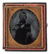 [EARLY PHOT.]. Sixth plate ambrotype of a snake performer & tintype of woman with possible snake.