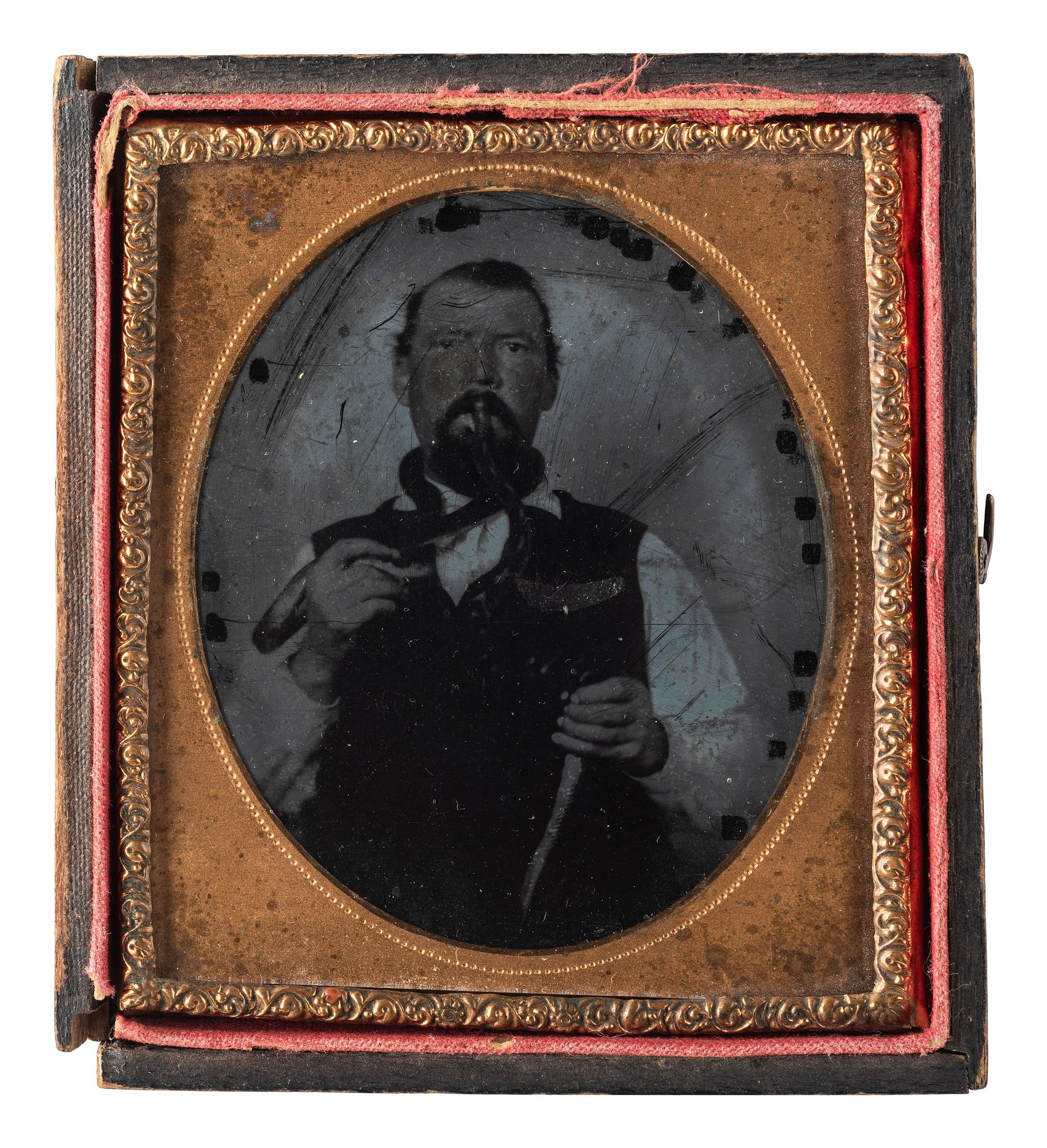 [EARLY PHOT.]. Sixth plate ambrotype of a snake performer & tintype of woman with possible snake.