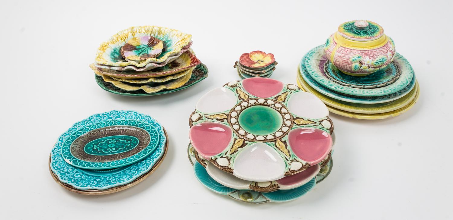 A Group of Majolica Table Articles Diameter of largest 9 inches.