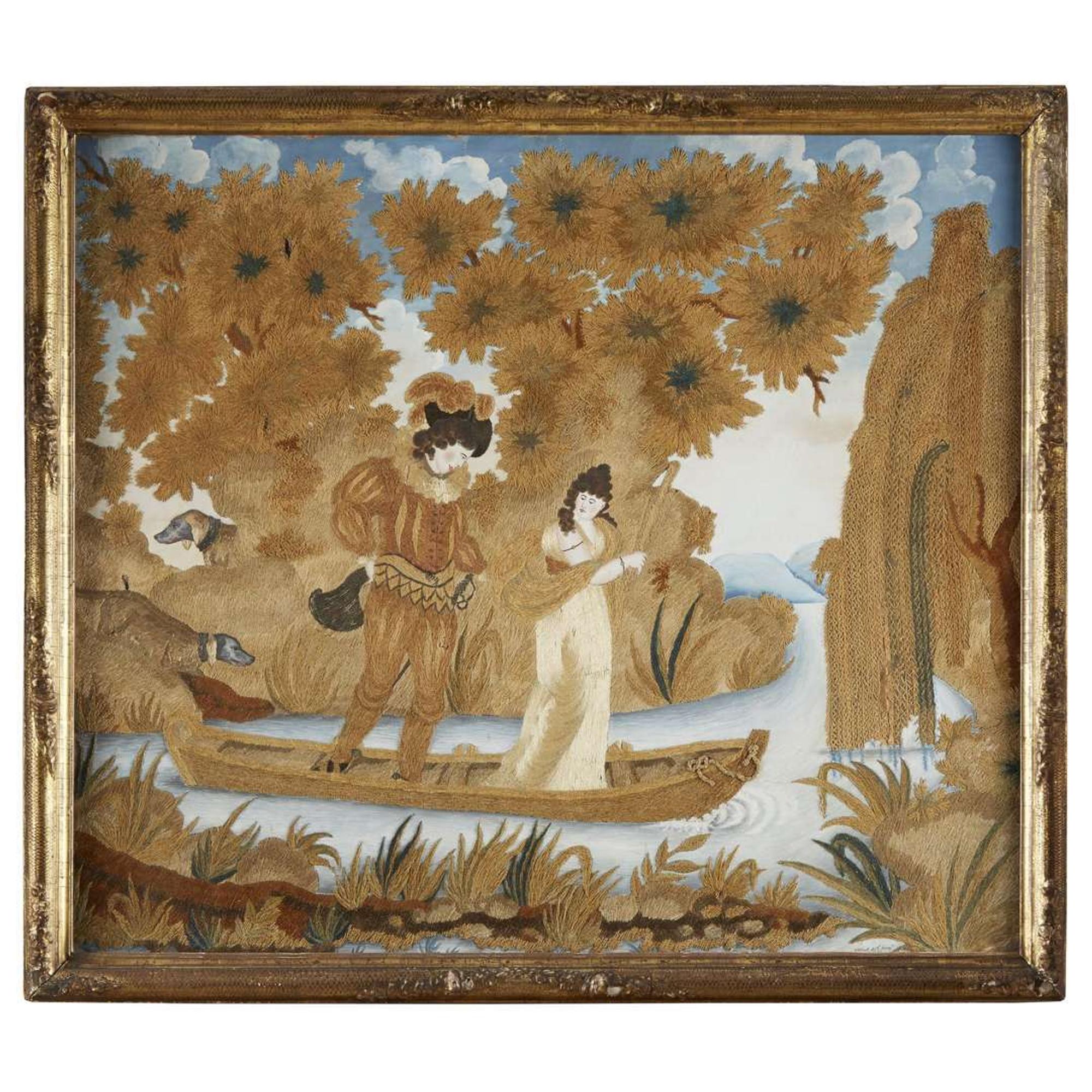 Needlework picture depicting The Lady of the Lake Godrey Folwell (1799-1855), Philadelphia, PA, circa 1814