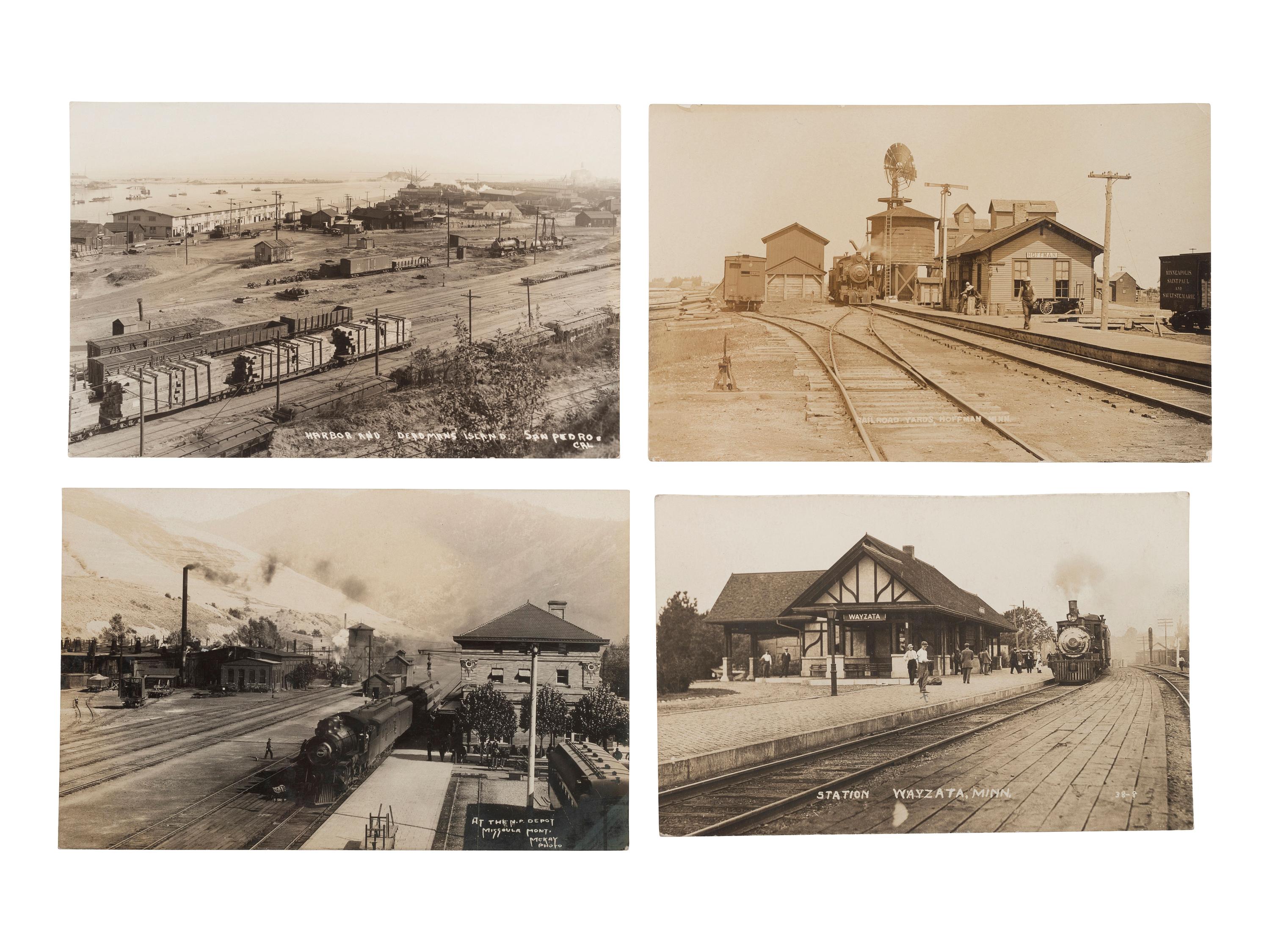 [RAILROADS]. Over 120 RPPCs & photographs of railroad stations, train depots, and roundhouses.