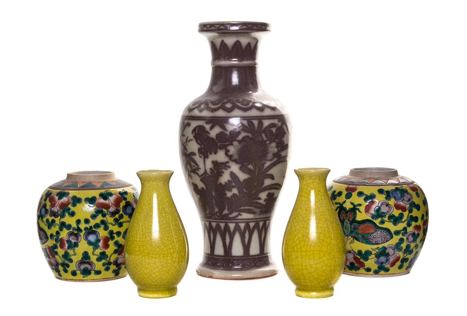 A Group of Five Chinese Porcelain Articles Height of tallest 12 inches.