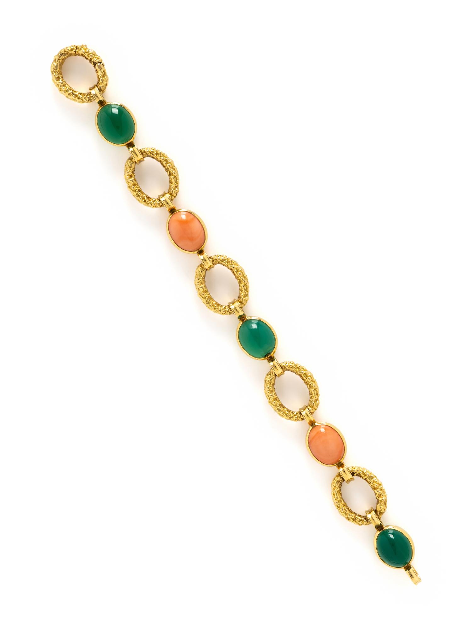 YELLOW GOLD, CORAL, AND CHRYSOPRASE BRACELET