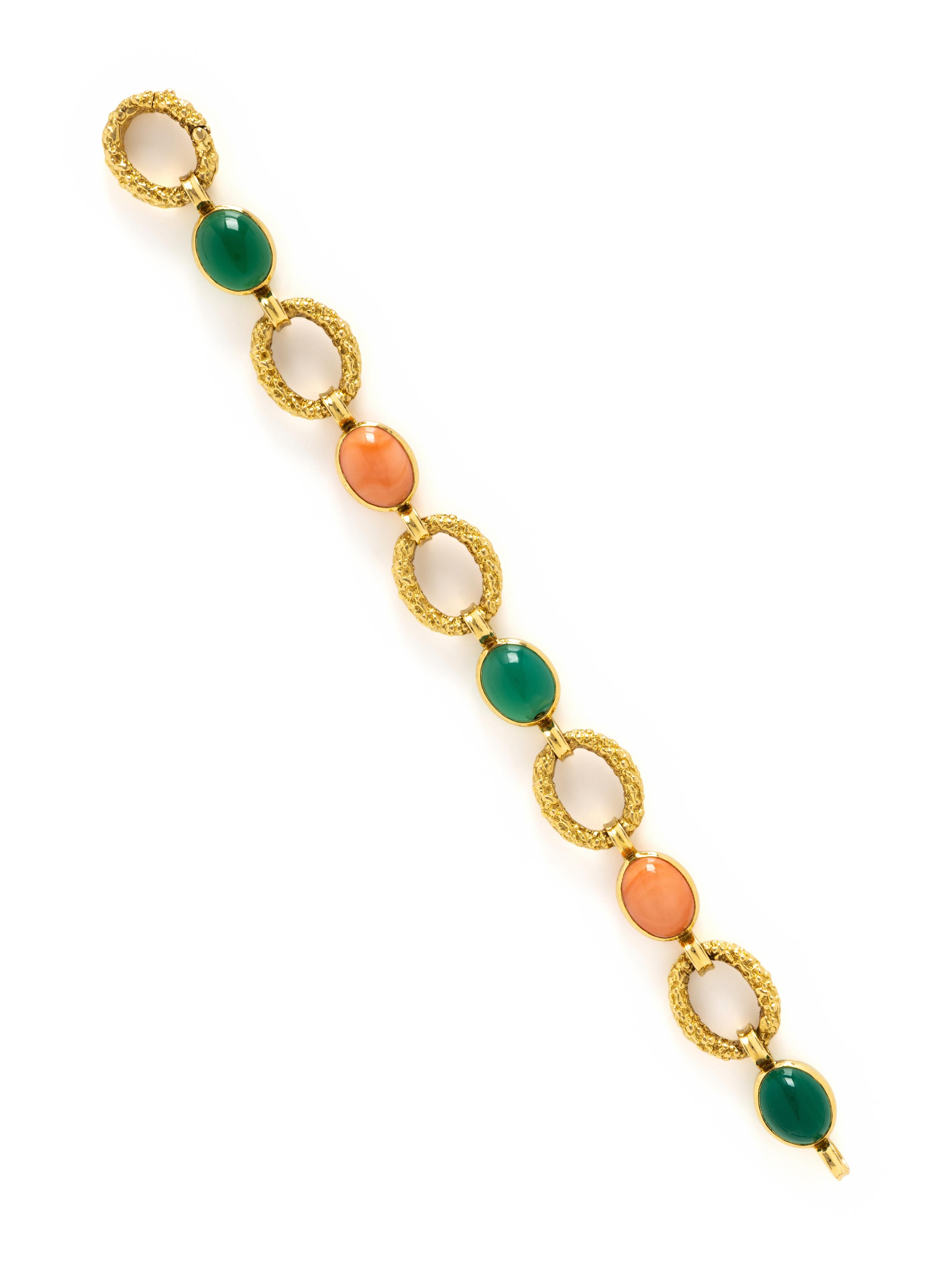 YELLOW GOLD, CORAL, AND CHRYSOPRASE BRACELET