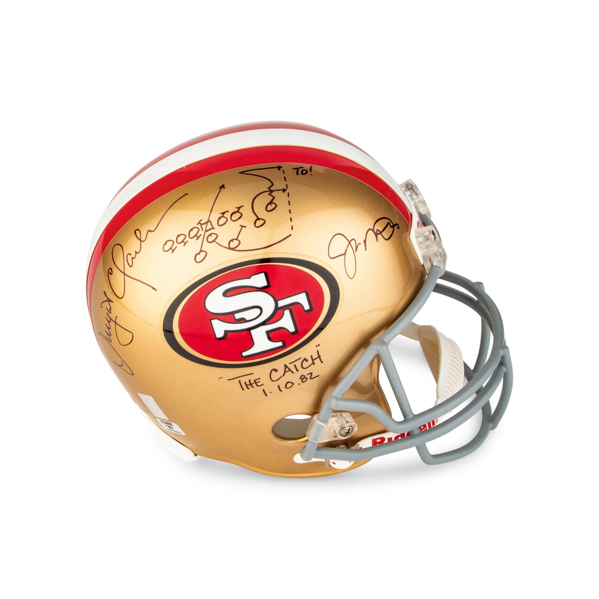 A Joe Montana and Dwight Clark Dual Signed Autograph San Francisco 49ers Full Size Helmet — With "The Catch" Diagram Drawn by Clark