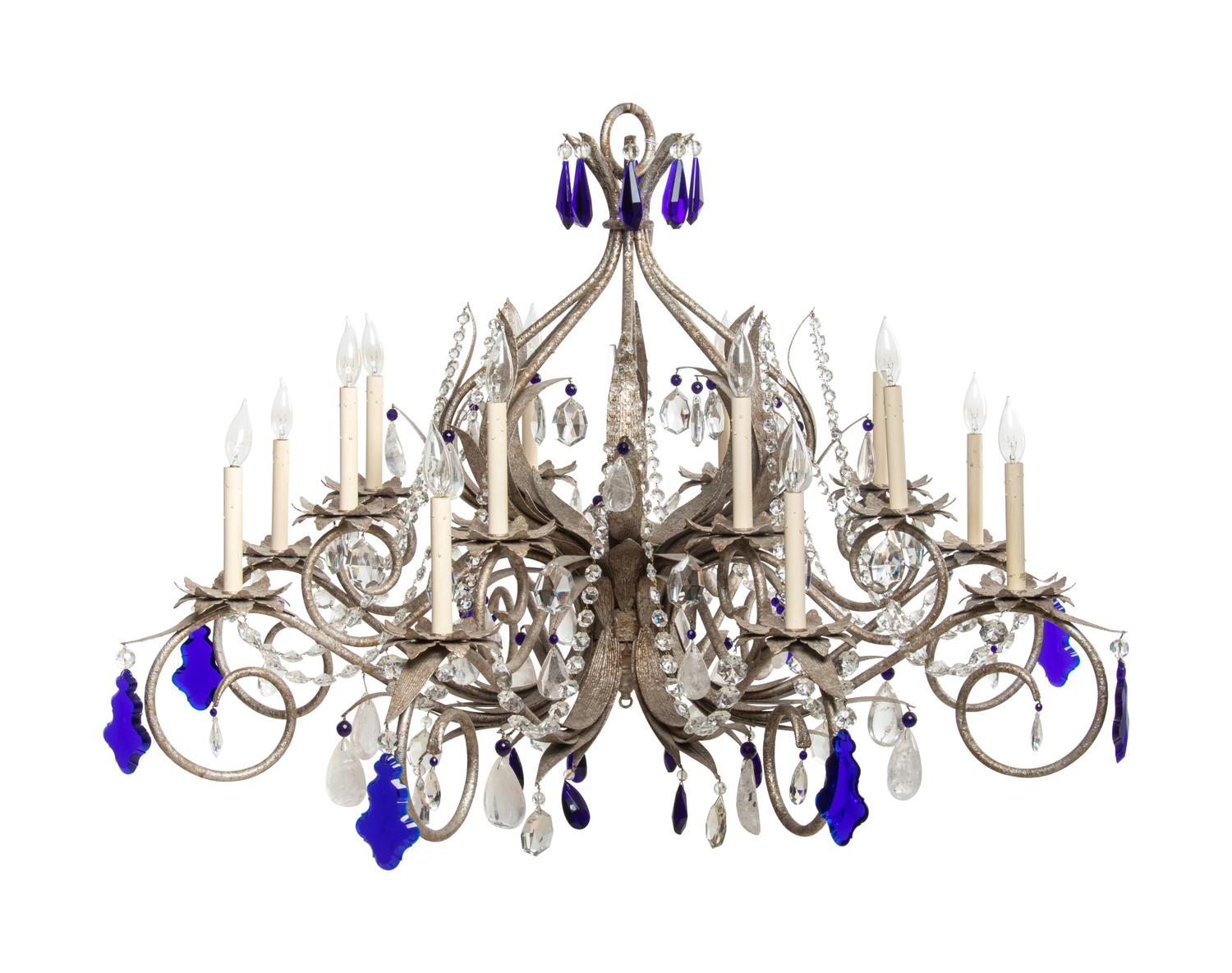 A Set of Three Large Metal and Glass Sixteen-Light Chandeliers