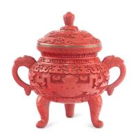 A Chinese Export Carved Red Lacquer Tripod Censer
