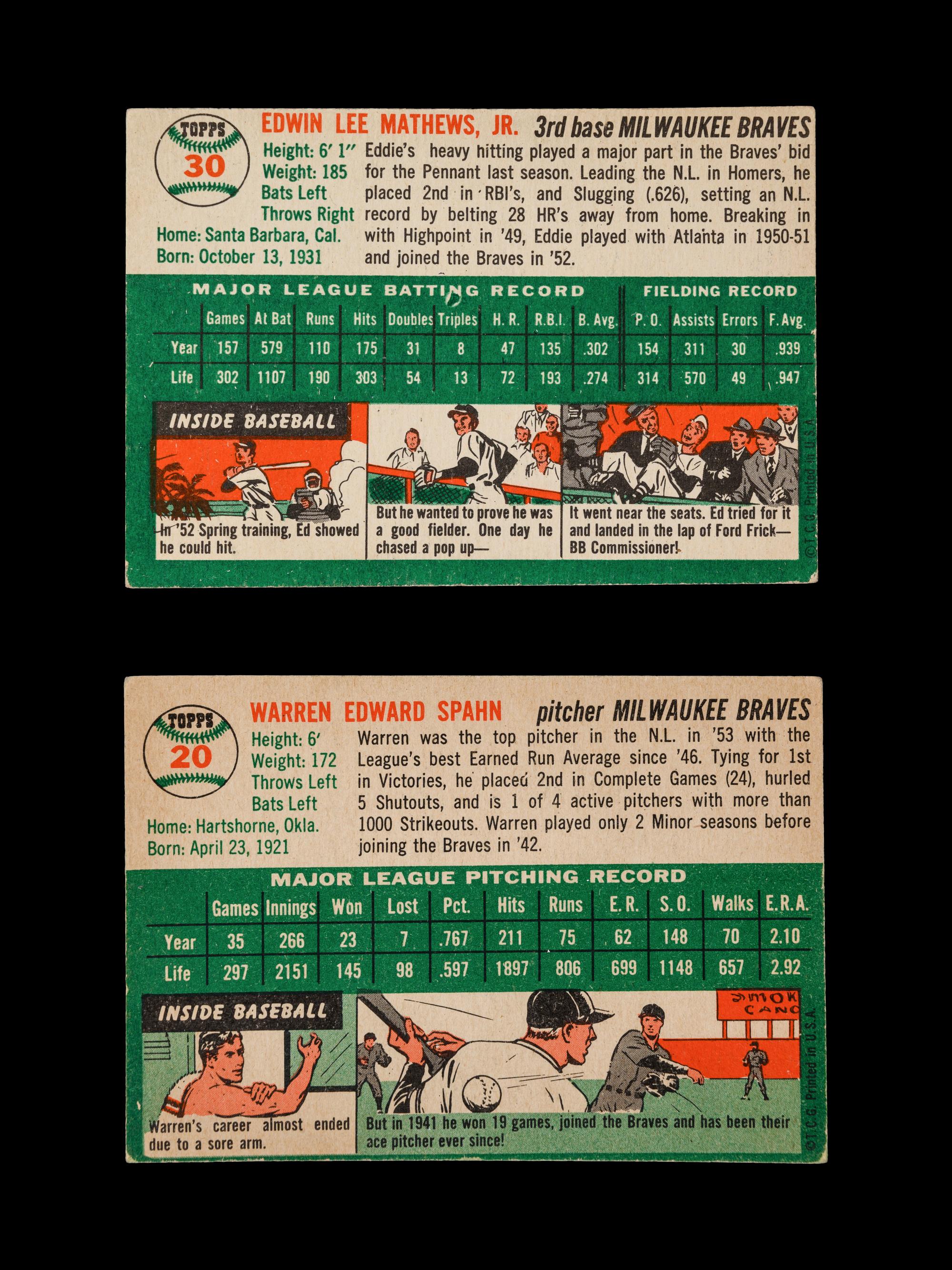 A Group of 1954 Topps Warren Spahn No. 20 and Ed Mathews No. 30 Baseball Cards