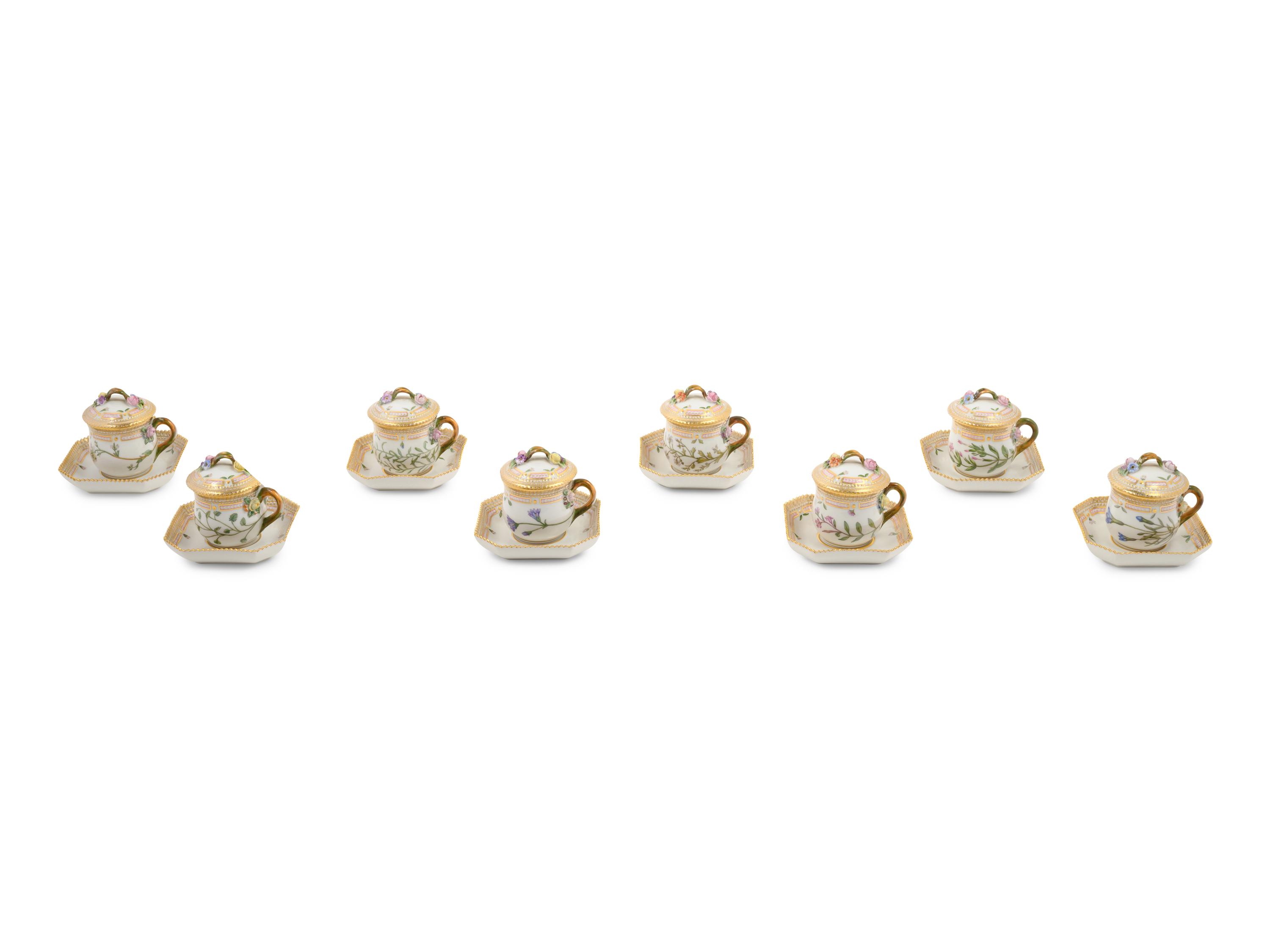 A Set of Eight Royal Copenhagen Flora Danica Pots de Crème and Saucers