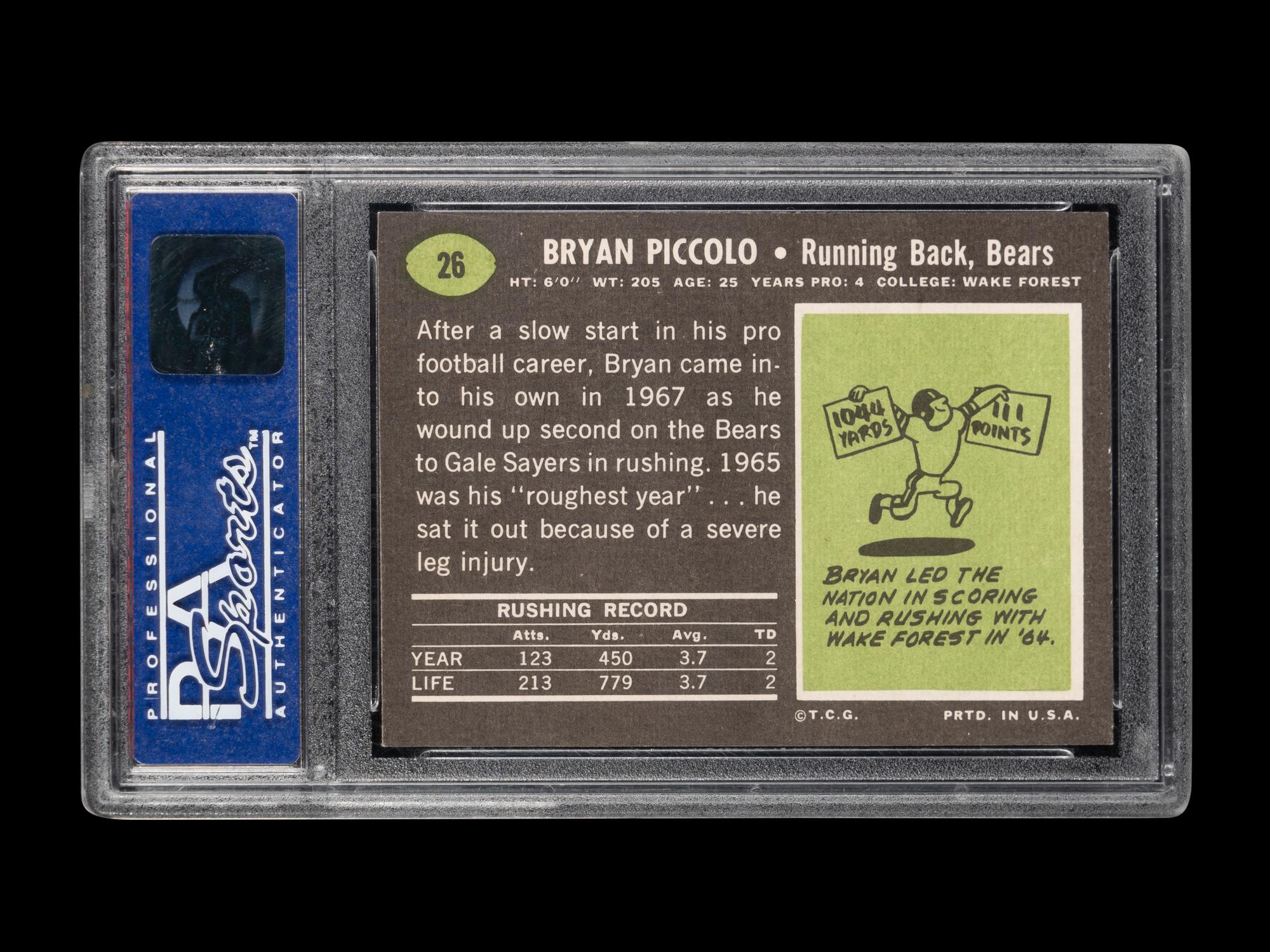 A 1969 Topps Brian Piccolo Rookie Football Card No. 26 (PSA 7 NM)