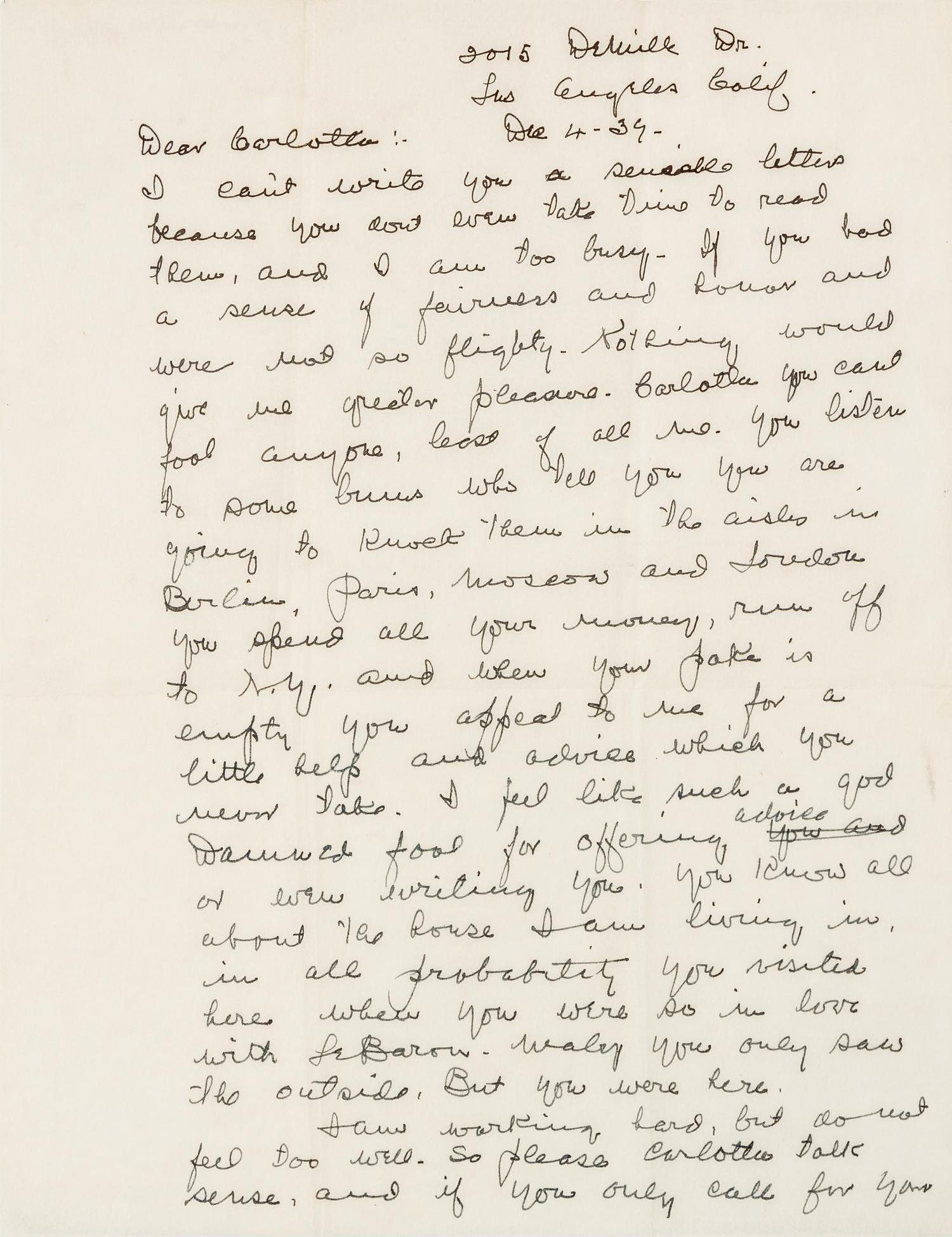 FIELDS, William C. Autographed letter signed ("Grumpy Old Fields"), to Carlotta Douglas, his estranged mistress, Los Angeles, 1939.
