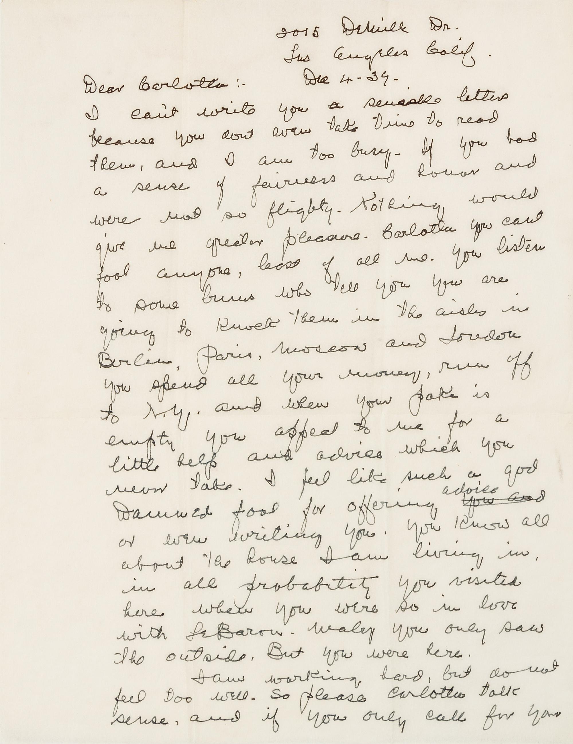 FIELDS, William C. Autographed letter signed ("Grumpy Old Fields"), to Carlotta Douglas, his estranged mistress, Los Angeles, 1939.
