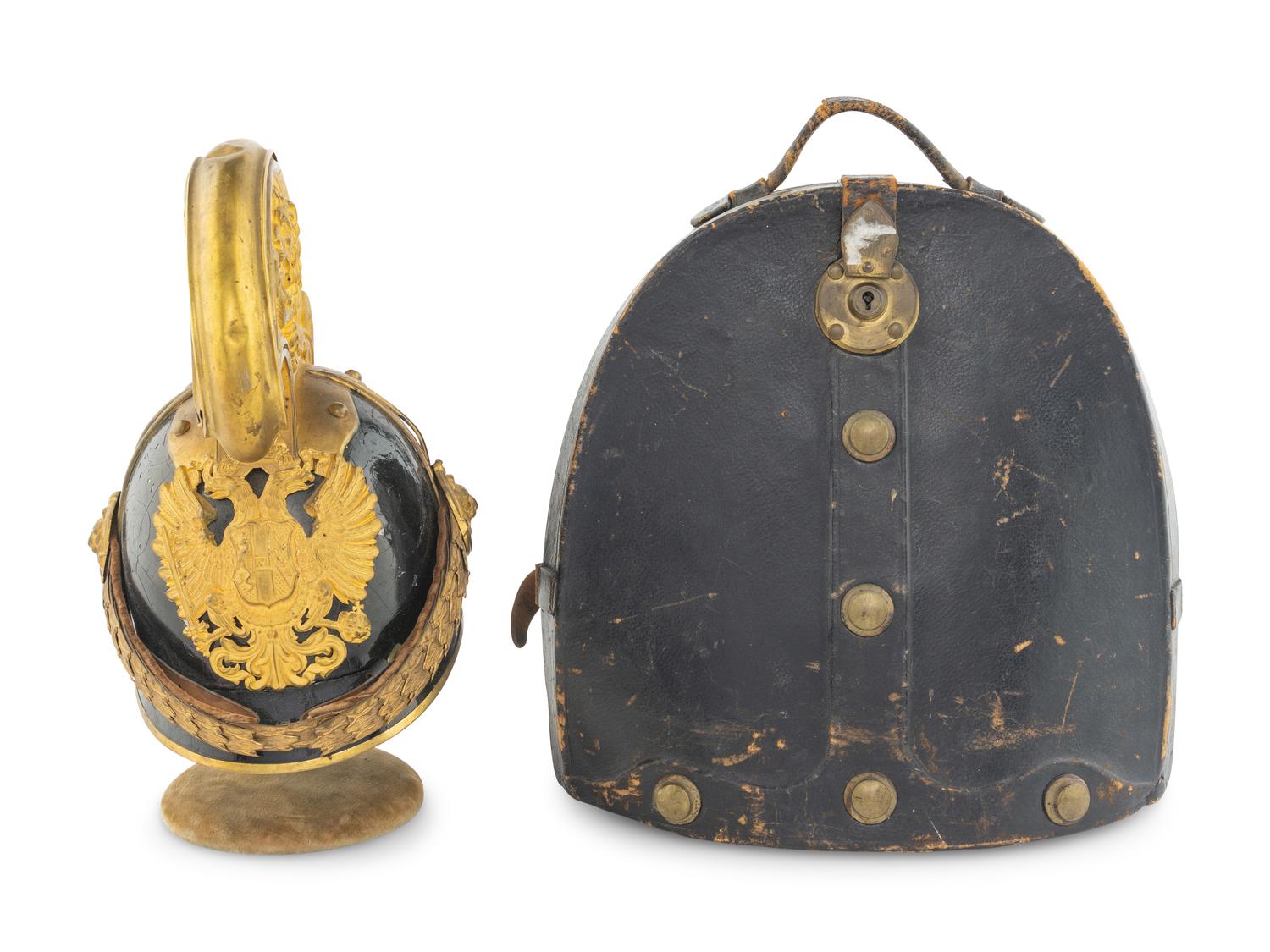 An Austrian Black Lacquer and Gilt Metal WWI Dragoon Helmet Model 1905