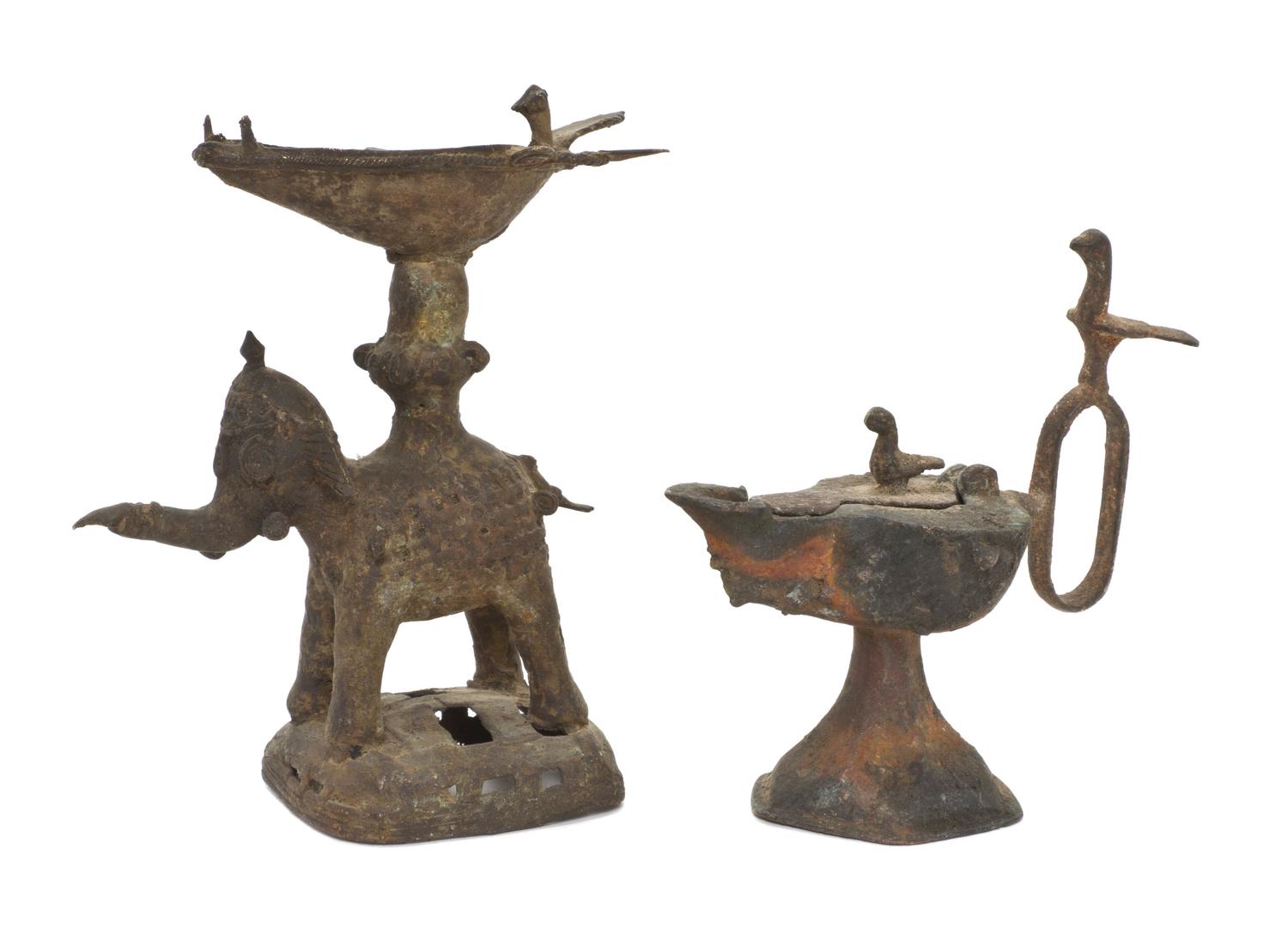 Two Middle Eastern Bronze Oil Lamps, Height of taller 7 inches.