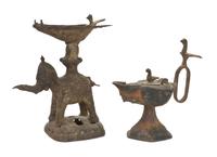 Two Middle Eastern Bronze Oil Lamps, Height of taller 7 inches.