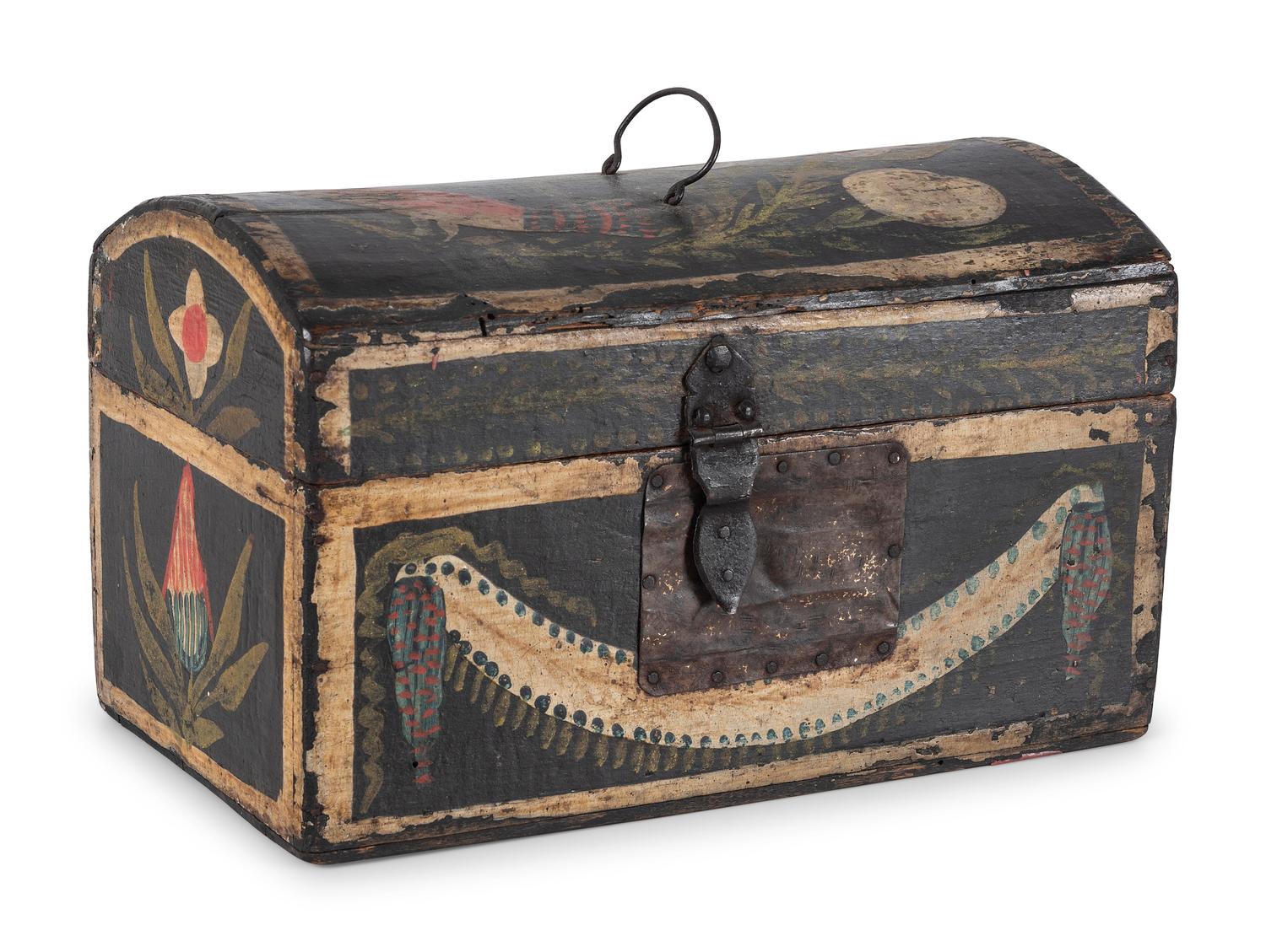 A Polychrome Paint Decorated Maple and Pressed Tin Mounted Dome Top Document Box