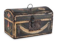 A Polychrome Paint Decorated Maple and Pressed Tin Mounted Dome Top Document Box