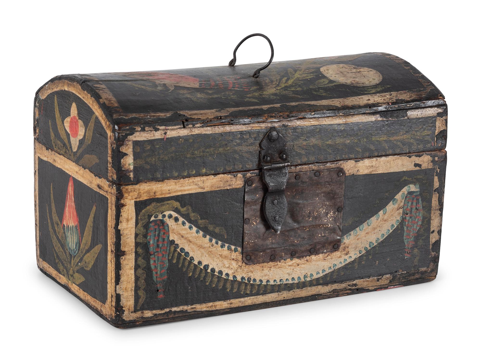 A Polychrome Paint Decorated Maple and Pressed Tin Mounted Dome Top Document Box