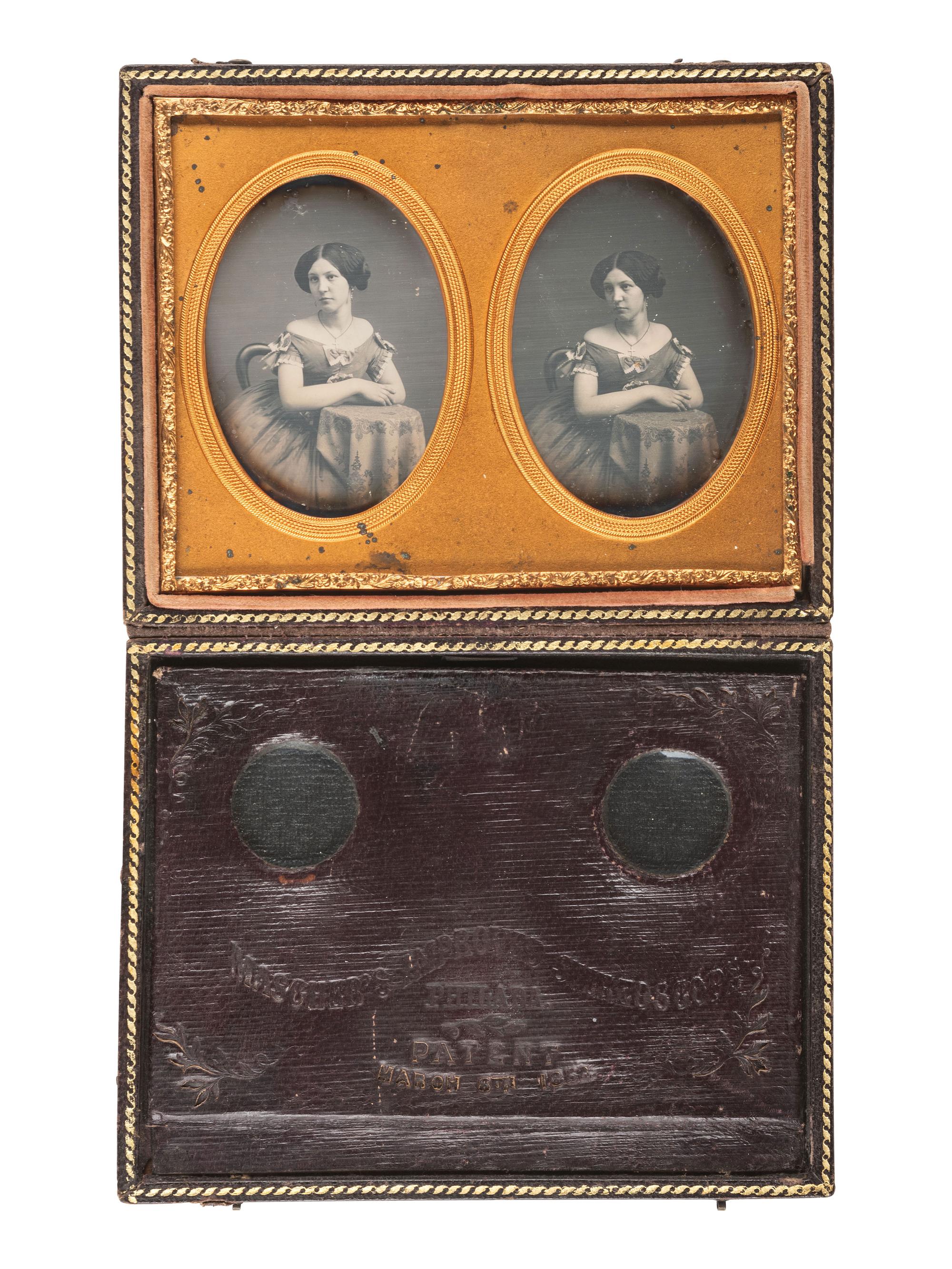 [EARLY PHOTOGRAPHY]. Stereodaguerreotype of a young woman housed in a Mascher case. From the George Kirk Warren Estate, noted Lowell, MA, daguerreotypist. Ca 1853.