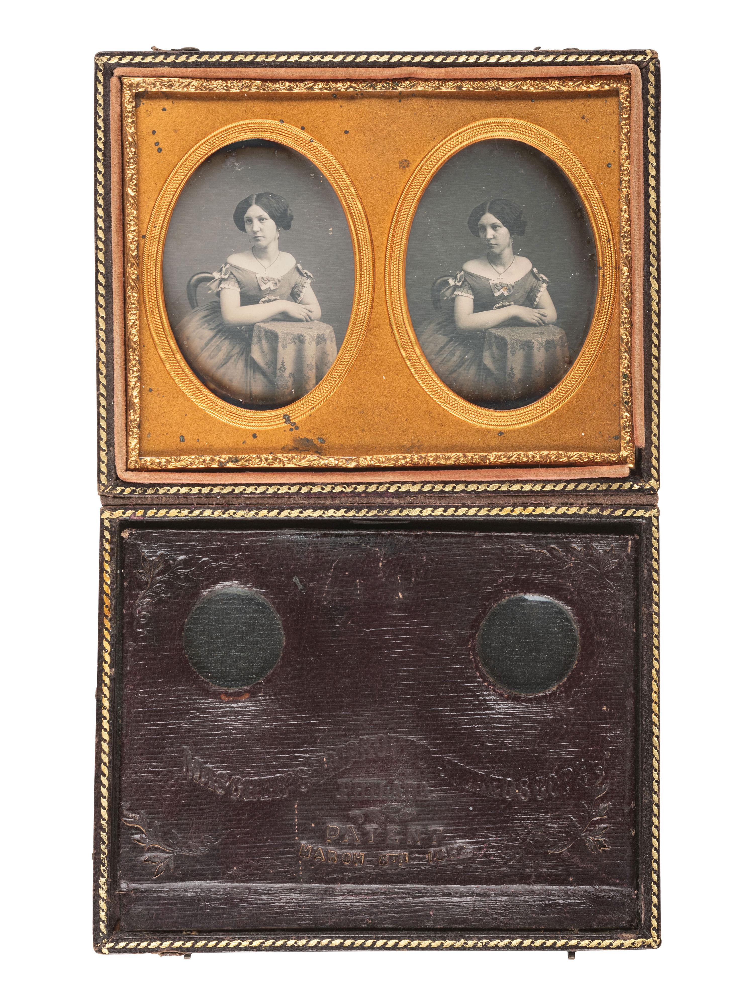 [EARLY PHOTOGRAPHY]. Stereodaguerreotype of a young woman housed in a Mascher case. From the George Kirk Warren Estate, noted Lowell, MA, daguerreotypist. Ca 1853.