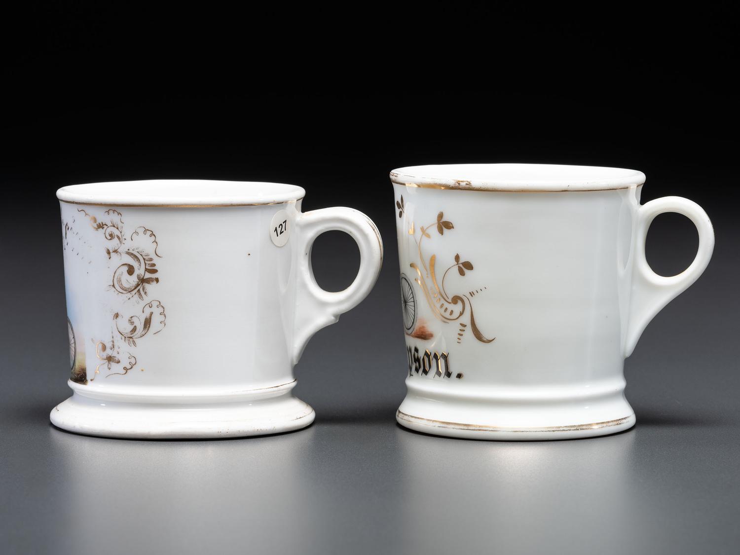 Two Cyclist's Porcelain Shaving Mugs