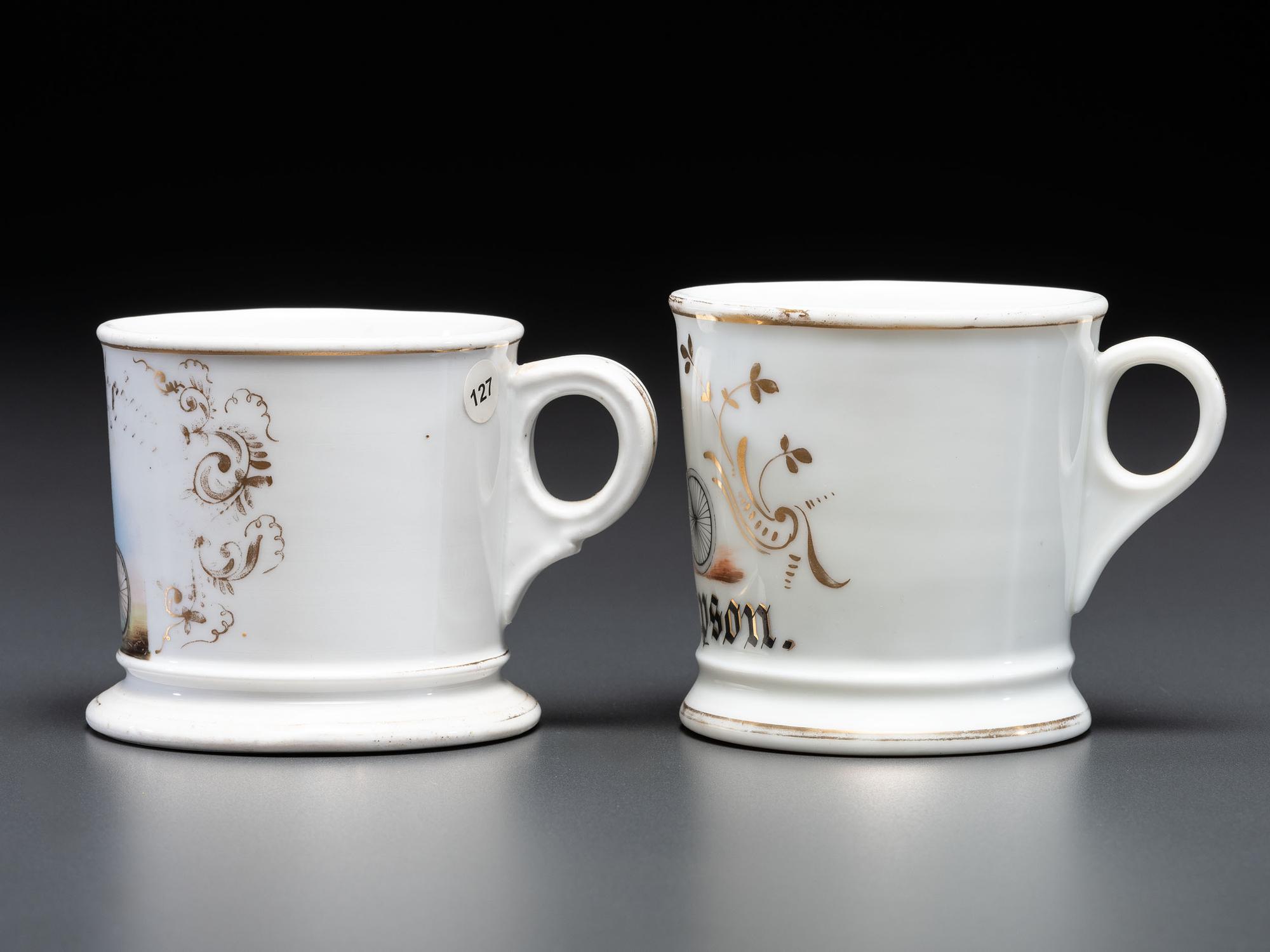 Two Cyclist's Porcelain Shaving Mugs