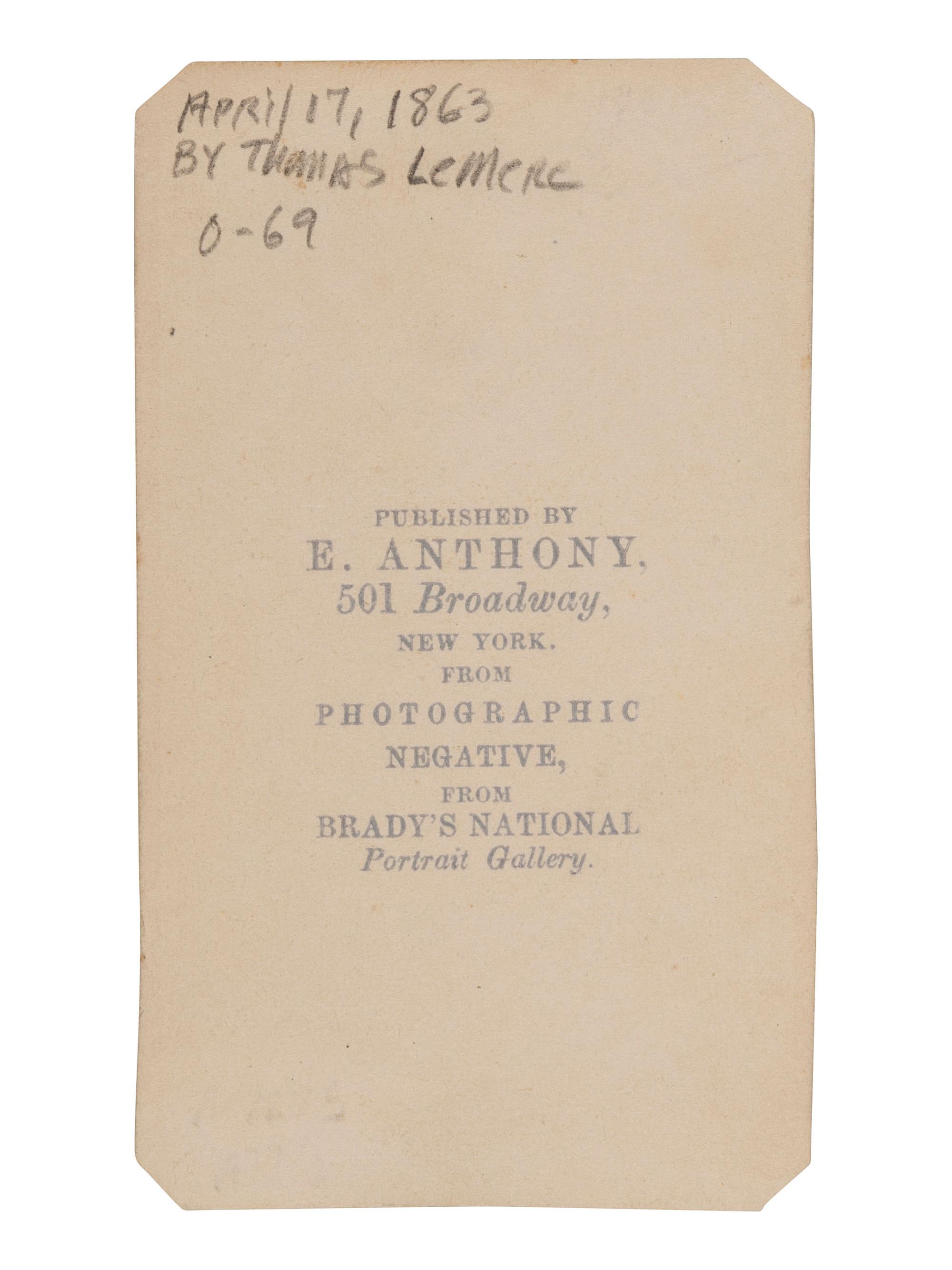 [LINCOLN, Abraham (1809-1865)]. [LE MERE, Thomas, photographer]. CDV of Abraham Lincoln. New York: E. & H.T. Anthony, 1863.