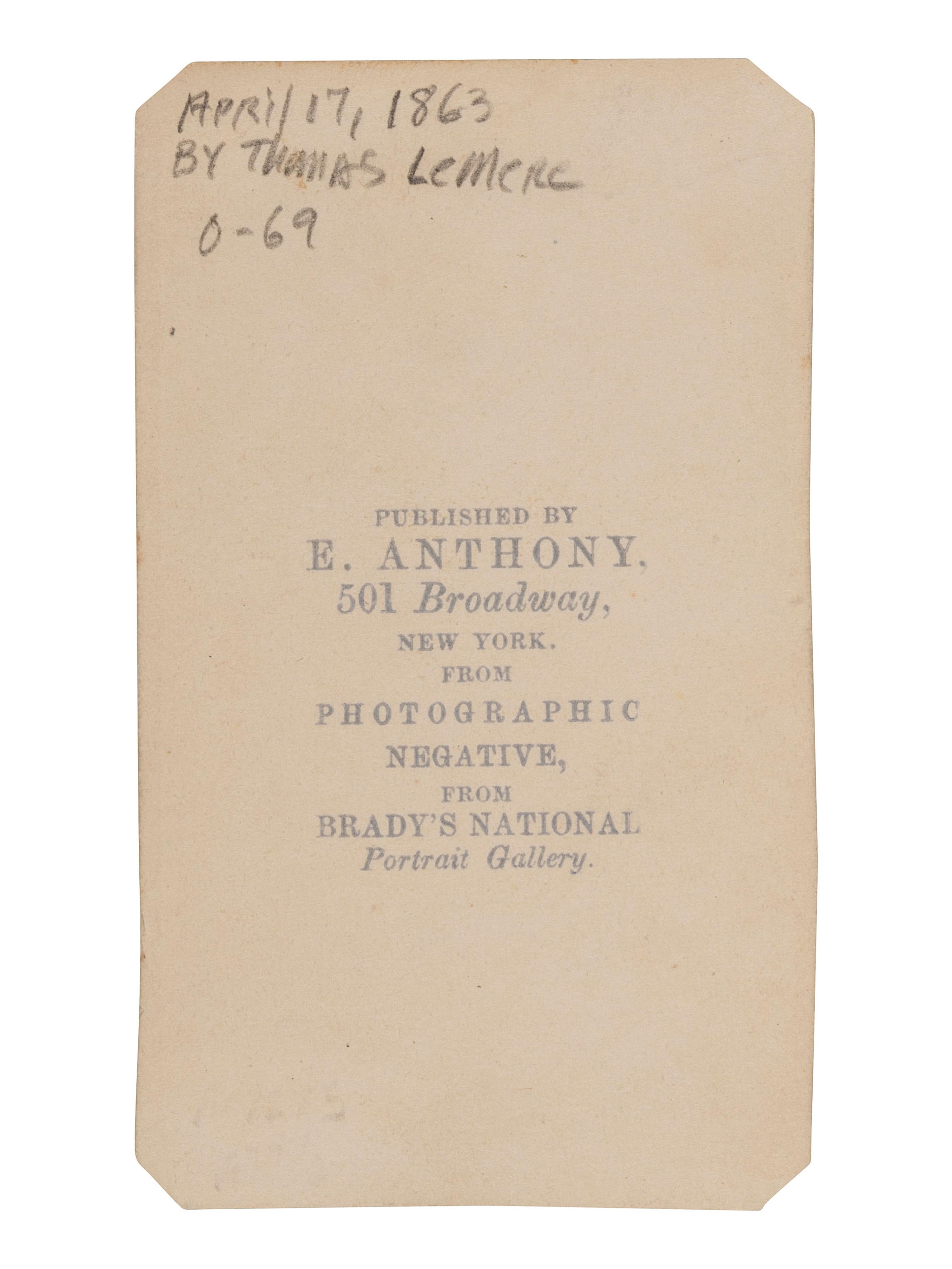 [LINCOLN, Abraham (1809-1865)]. [LE MERE, Thomas, photographer]. CDV of Abraham Lincoln. New York: E. & H.T. Anthony, 1863.