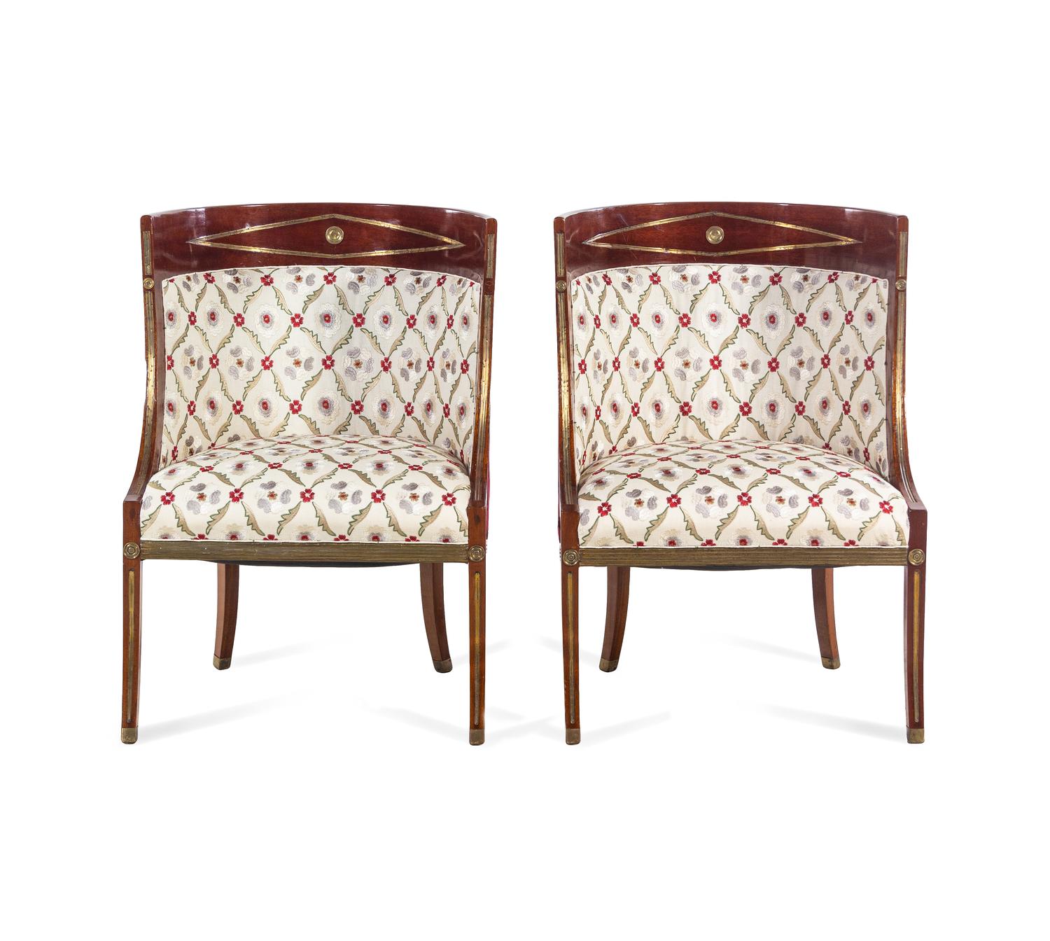 A Pair of Russian Neoclassical Brass Inlaid Mahogany Bergères