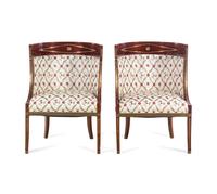 A Pair of Russian Neoclassical Brass Inlaid Mahogany Bergères