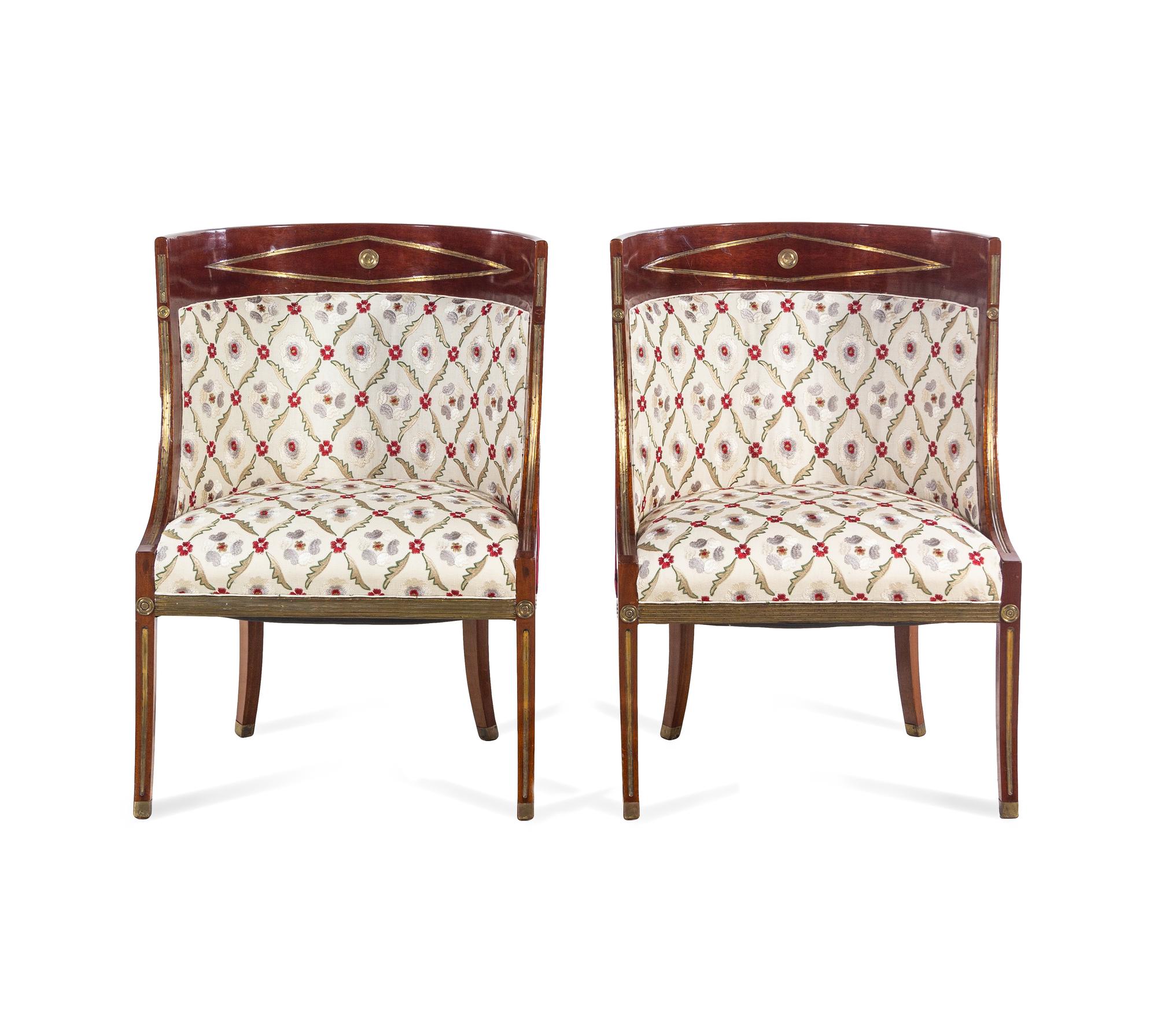 A Pair of Russian Neoclassical Brass Inlaid Mahogany Bergères