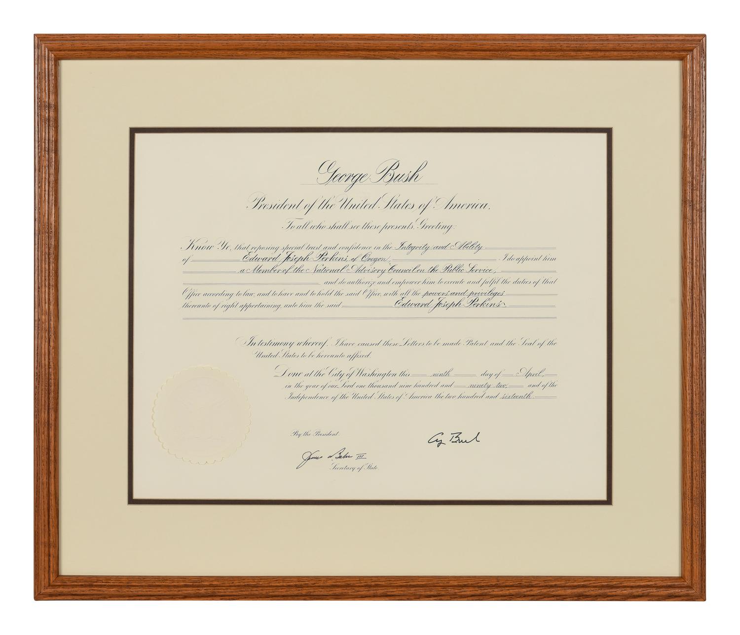 [POLITICS]. [PERKINS, Edward Joseph (1928-2020)]. A group of 9 appointments by Presidents Reagan, Bush, Clinton, and Bush to Perkins, presumably with secretarial or facsimile signatures, including: