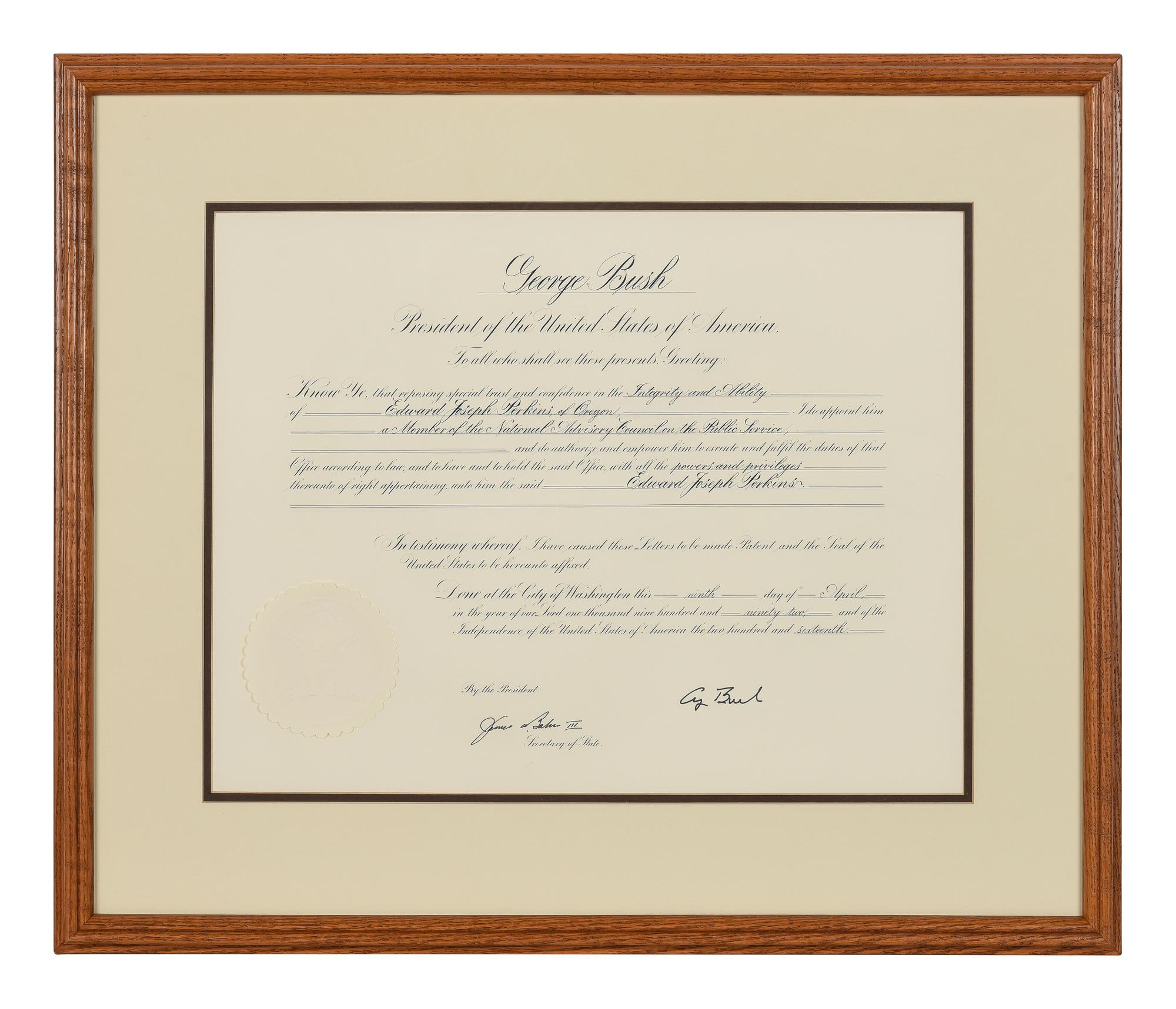 [POLITICS]. [PERKINS, Edward Joseph (1928-2020)]. A group of 9 appointments by Presidents Reagan, Bush, Clinton, and Bush to Perkins, presumably with secretarial or facsimile signatures, including: