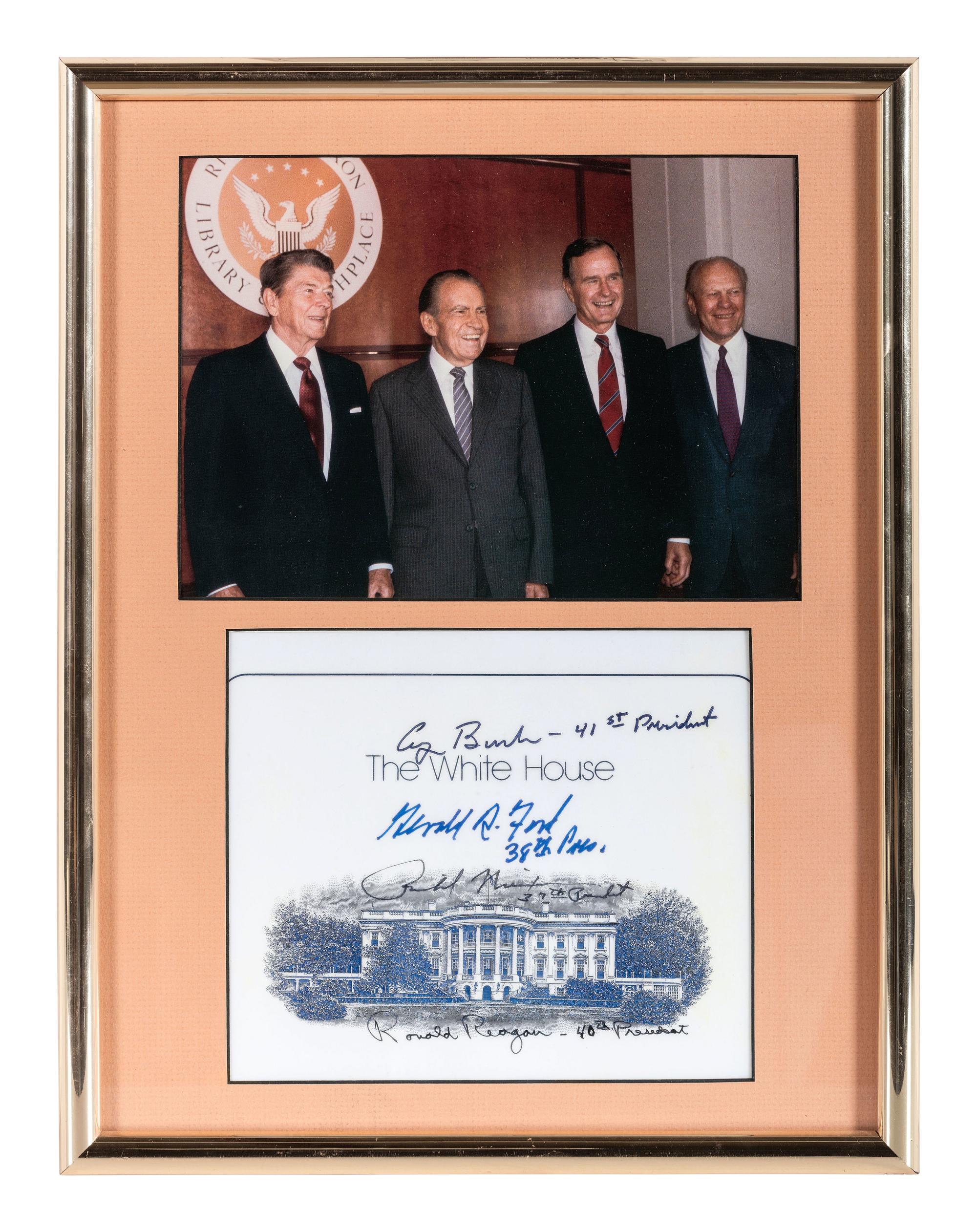 [POLITICS]. White House card signed by 4 US Presidents: Richard NIXON, Gerald FORD, Ronald REAGAN, and George H.W. BUSH.