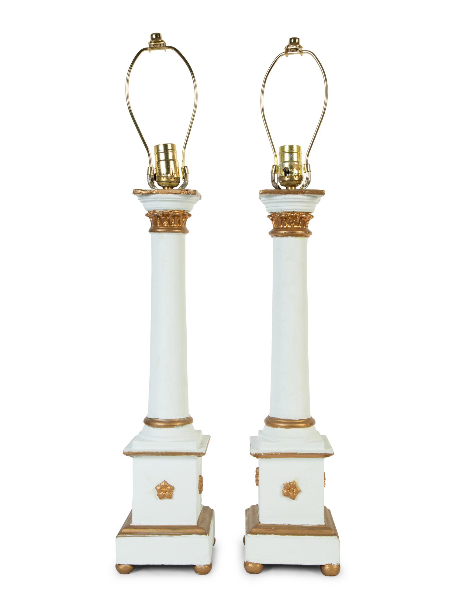 A Pair of Swedish Neoclassical Style Painted Wood Columnar-Form Table Lamps — 20TH CENTURY