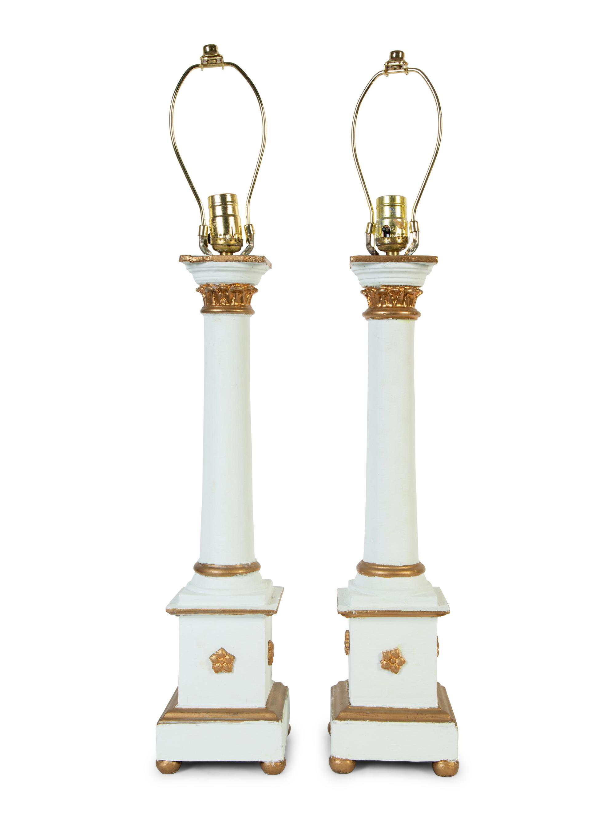A Pair of Swedish Neoclassical Style Painted Wood Columnar-Form Table Lamps — 20TH CENTURY