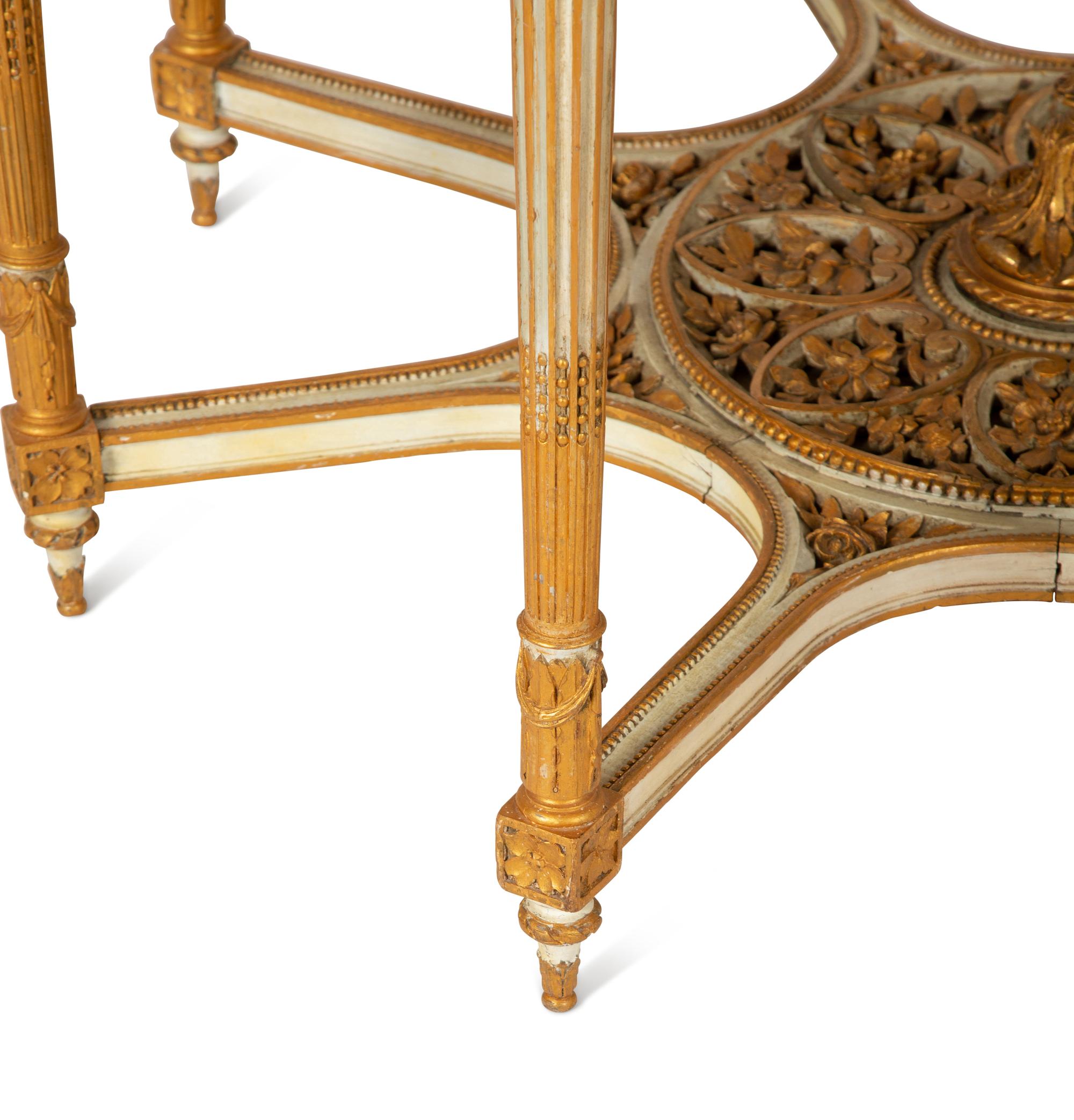 A Louis XVI Style Painted and Parcel Gilt Marble-Top Octagonal Center Table