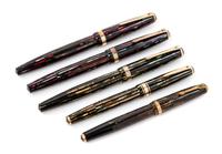 Three Vintage Parker Duofold Blue Diamond Fountain Pens Length 5 1/2 inches.