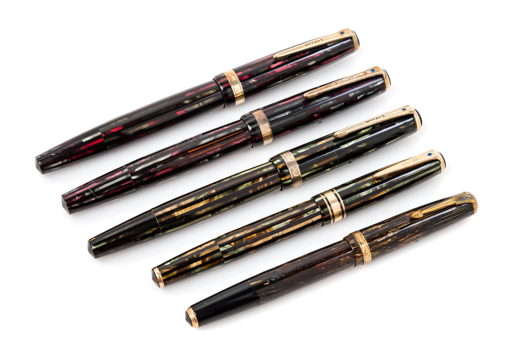 Three Vintage Parker Duofold Blue Diamond Fountain Pens Length 5 1/2 inches.