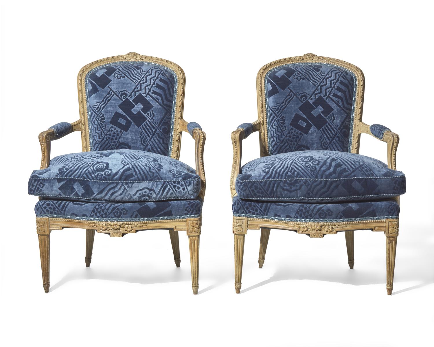 A pair of Louis XVI style white-painted bergères, probably 19th century