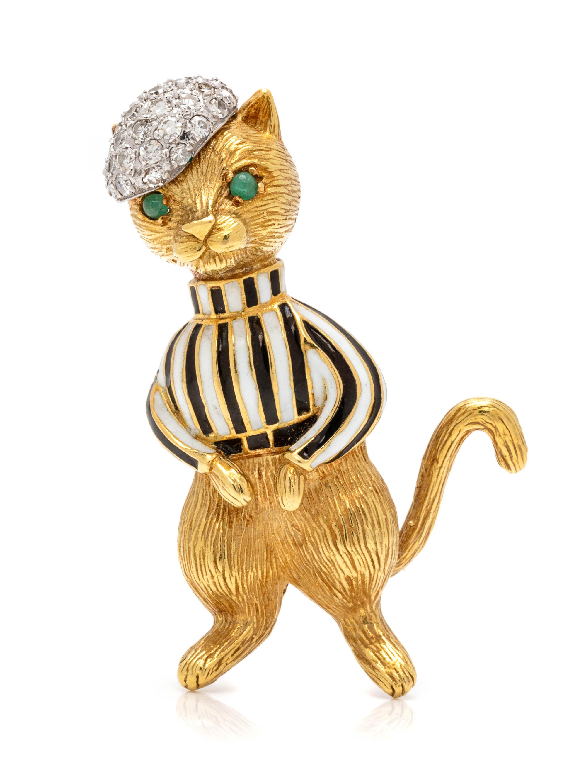 YELLOW GOLD, DIAMOND AND ENAMEL CAT BROOCH