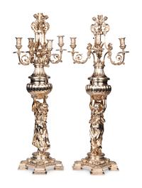 A Pair of Monumental Silver-Plate Figural Six-Light Candelabra