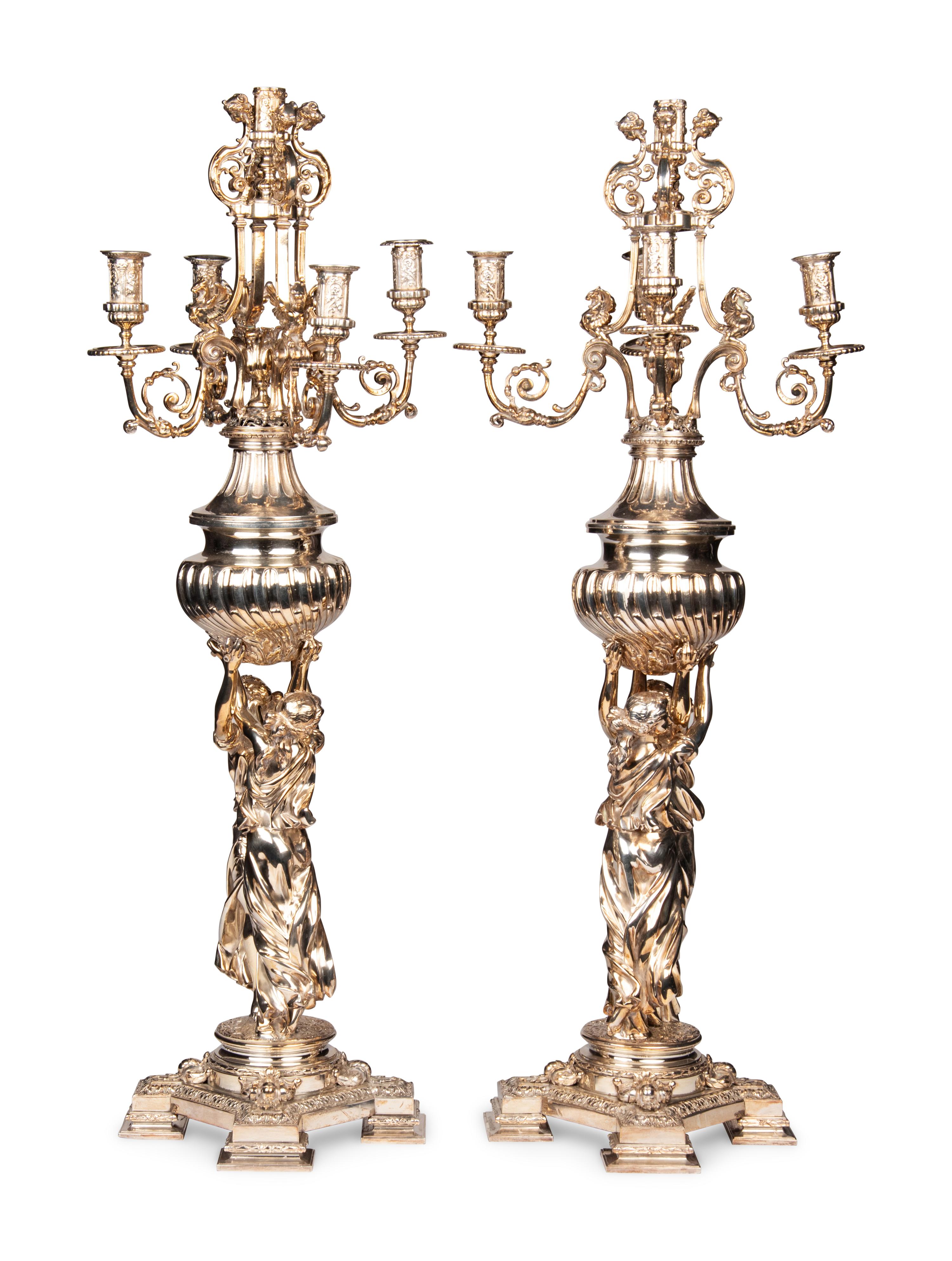 A Pair of Monumental Silver-Plate Figural Six-Light Candelabra