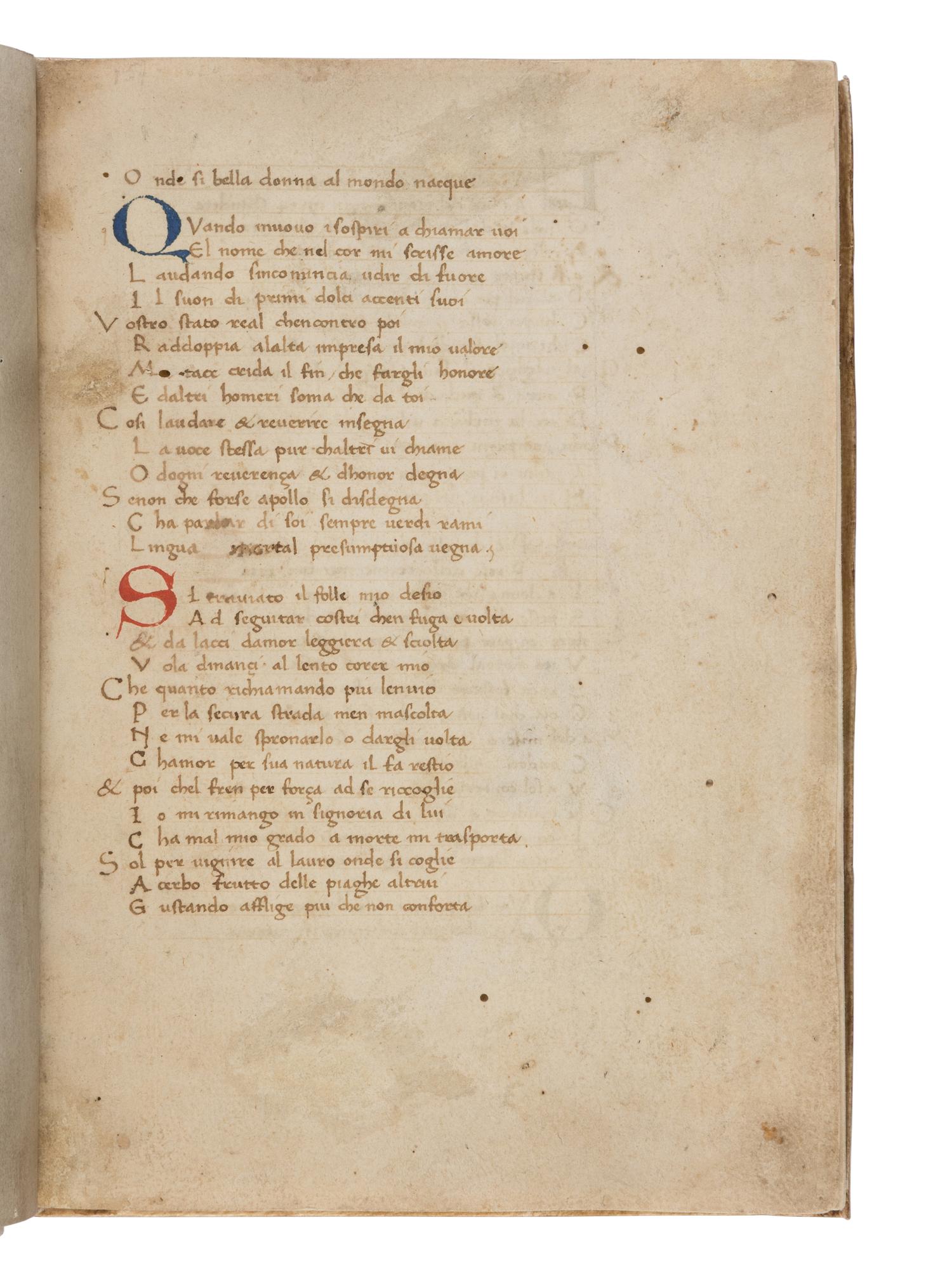 FRANCESCO PETRARCH (b. Arezzo, 20 July 1304; d. Arqua Petrarca, 19 July 1374) Il Canzoniere (The Songbook), in Italian, manuscript on parchment [Italy, second half of the 15th century]