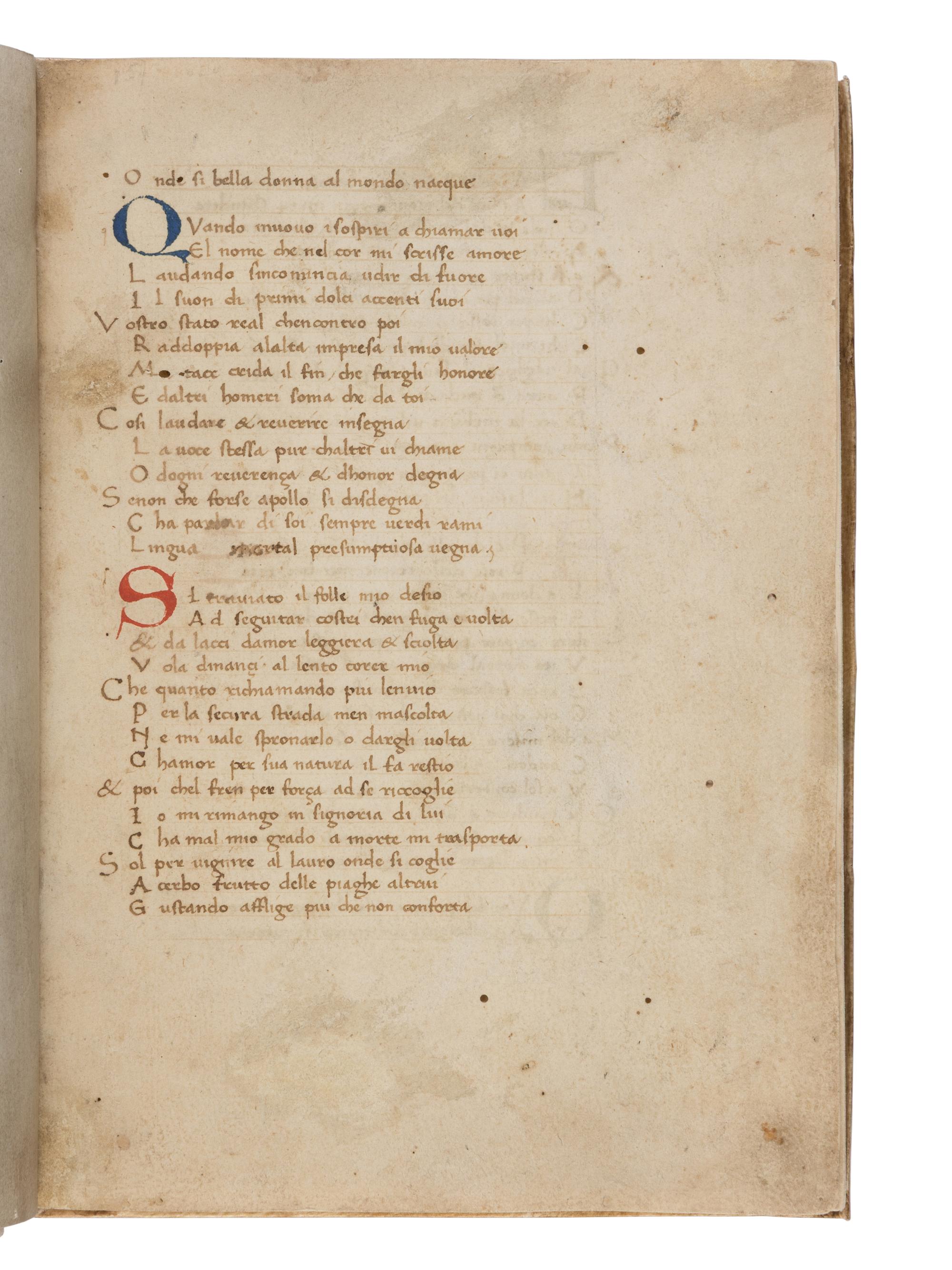 FRANCESCO PETRARCH (b. Arezzo, 20 July 1304; d. Arqua Petrarca, 19 July 1374) Il Canzoniere (The Songbook), in Italian, manuscript on parchment [Italy, second half of the 15th century]
